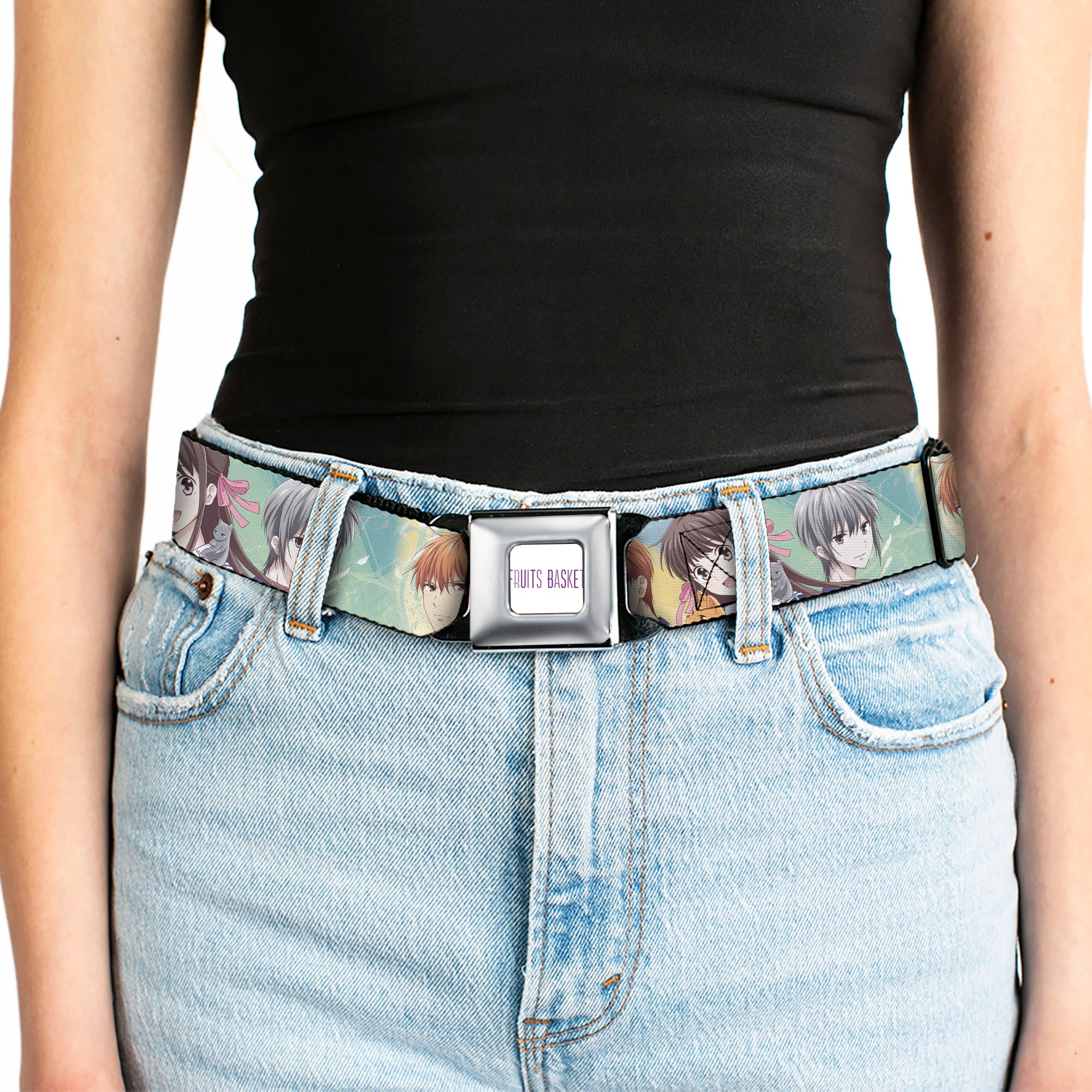 FRUITS BASKET Title Logo Full Color White/Purple Seatbelt Belt - Fruits Basket Kyo Tohru Yuki Group Pose Greens/Blues Webbing Seatbelt Belts Fruits Basket