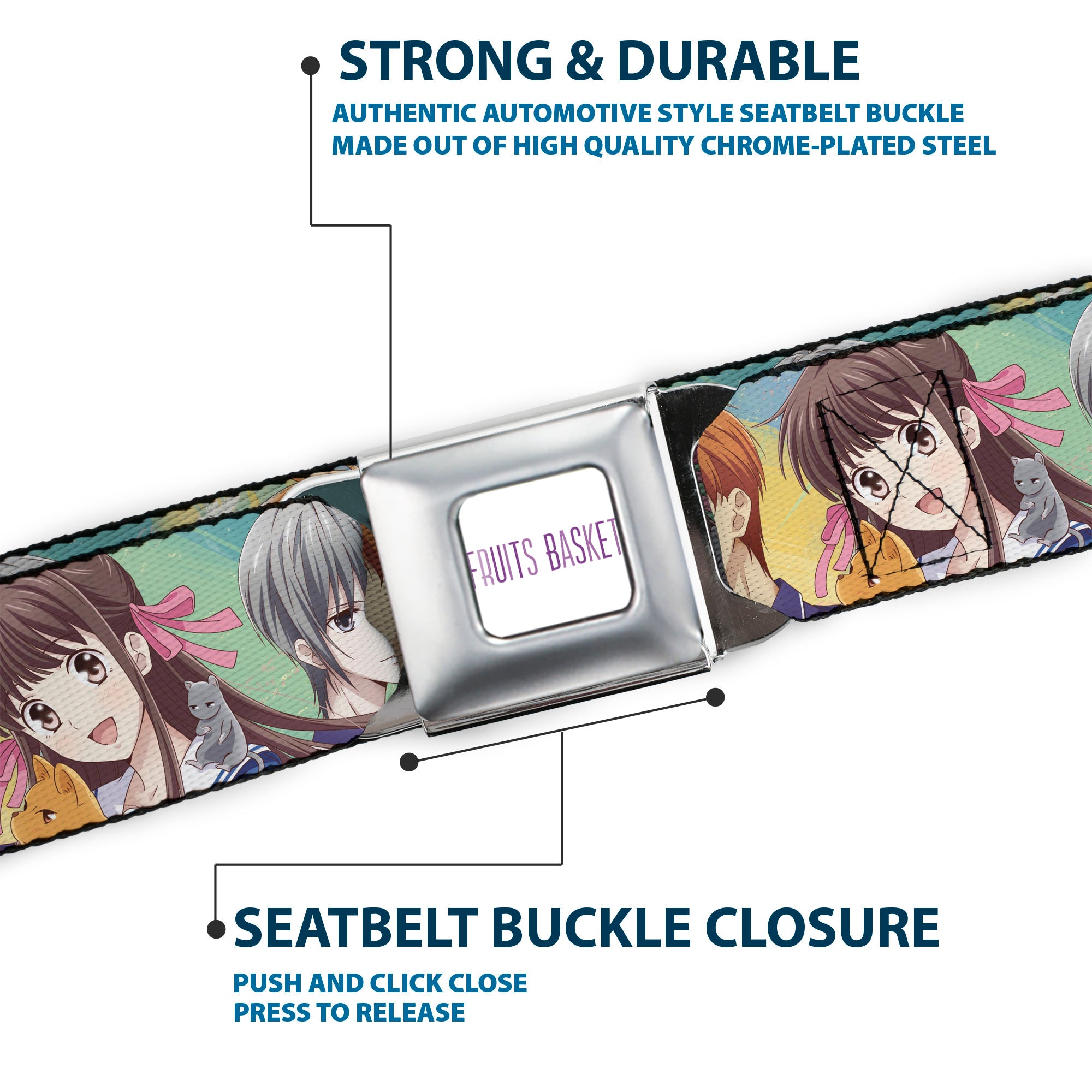FRUITS BASKET Title Logo Full Color White/Purple Seatbelt Belt - Fruits Basket Kyo Tohru Yuki Group Pose Greens/Blues Webbing Seatbelt Belts Fruits Basket