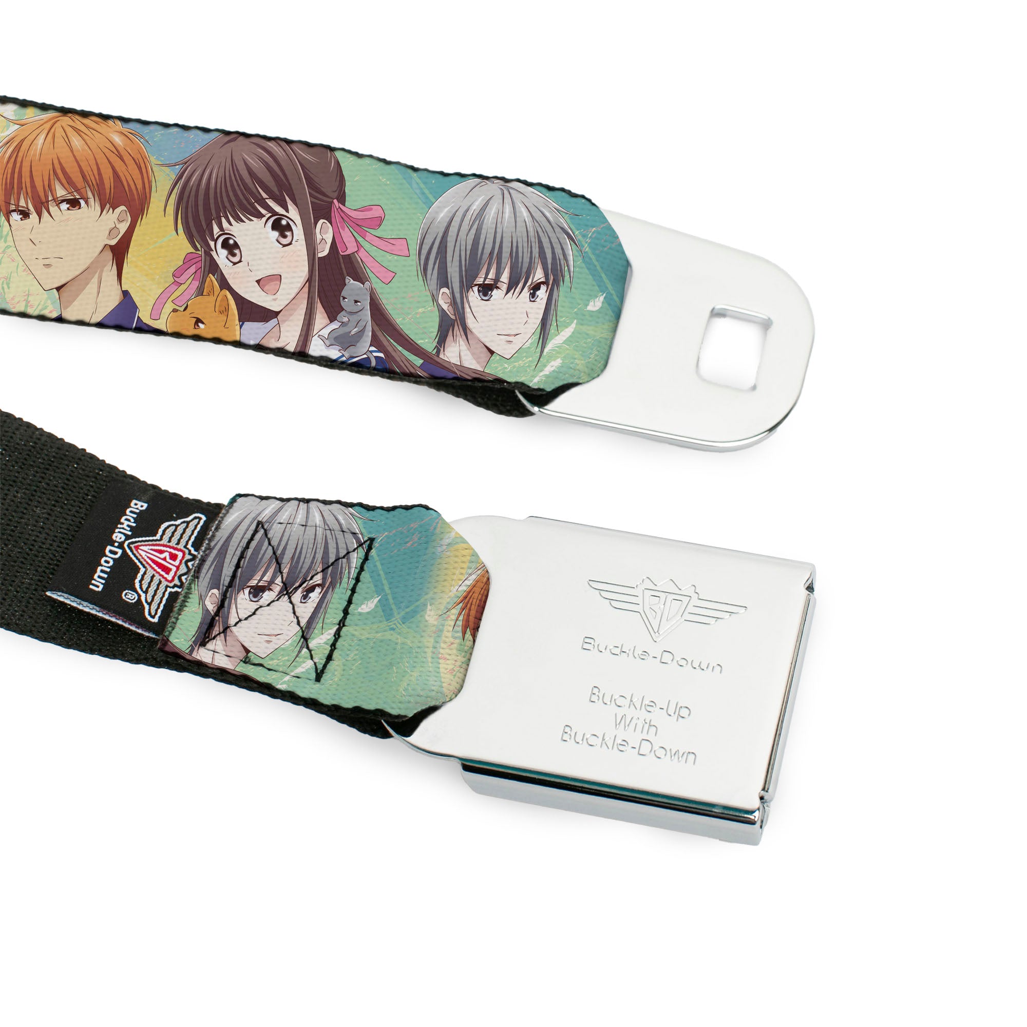 FRUITS BASKET Title Logo Full Color White/Purple Seatbelt Belt - Fruits Basket Kyo Tohru Yuki Group Pose Greens/Blues Webbing Seatbelt Belts Fruits Basket