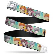 FRUITS BASKET Title Logo Full Color White/Purple Seatbelt Belt - Fruits Basket Kyo Tohru Yuki Group Pose Greens/Blues Webbing Seatbelt Belts Fruits Basket