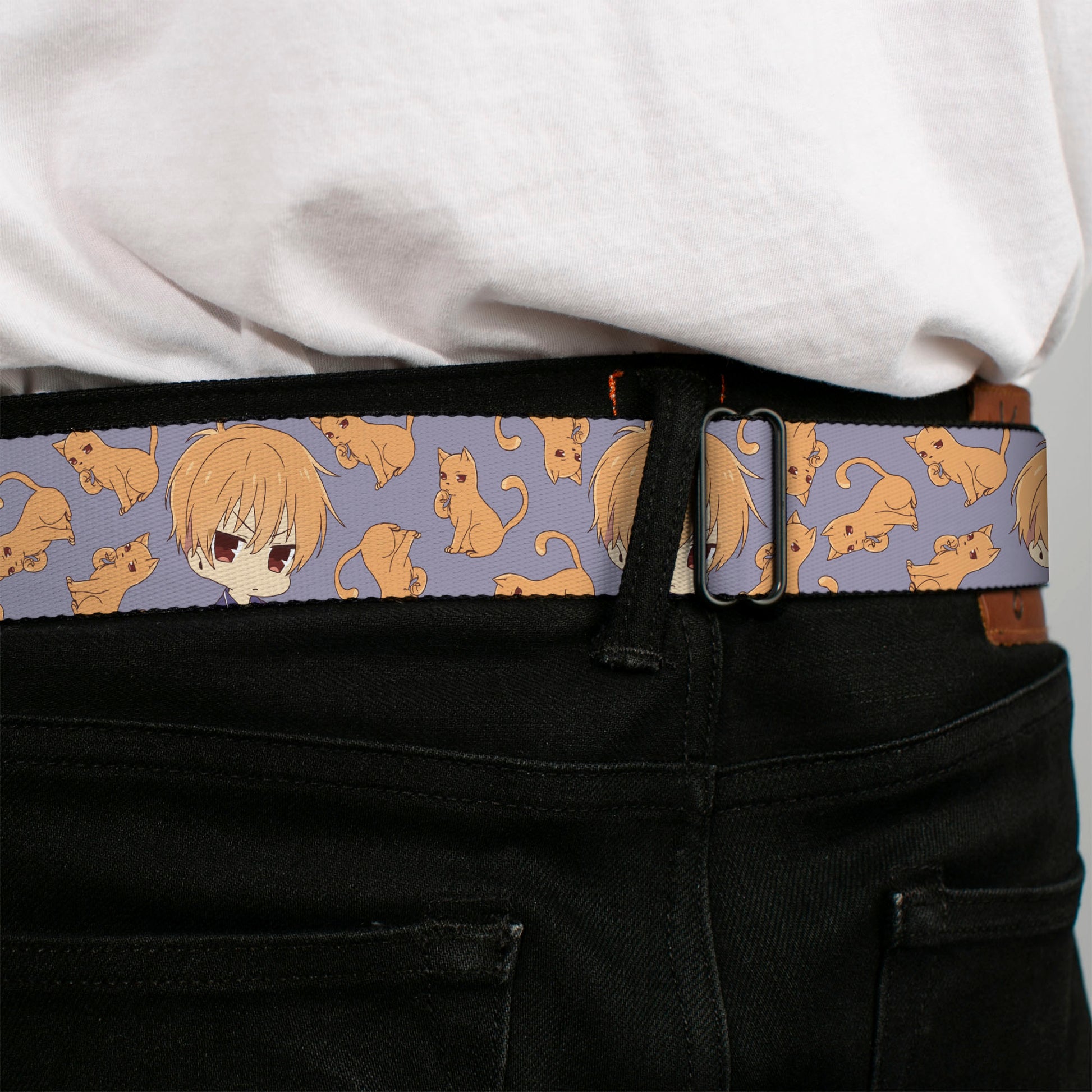 FRUITS BASKET Title Logo Full Color White/Purple Seatbelt Belt - Fruits Basket Chibi Kyo Soma and Cat Scattered Blue/Orange Webbing Seatbelt Belts Fruits Basket
