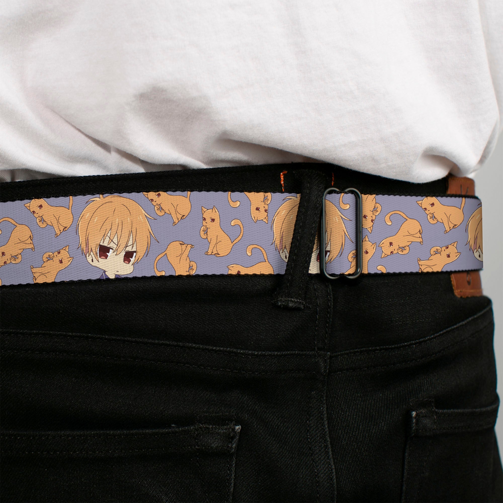 FRUITS BASKET Title Logo Full Color White/Purple Seatbelt Belt - Fruits Basket Chibi Kyo Soma and Cat Scattered Blue/Orange Webbing Seatbelt Belts Fruits Basket