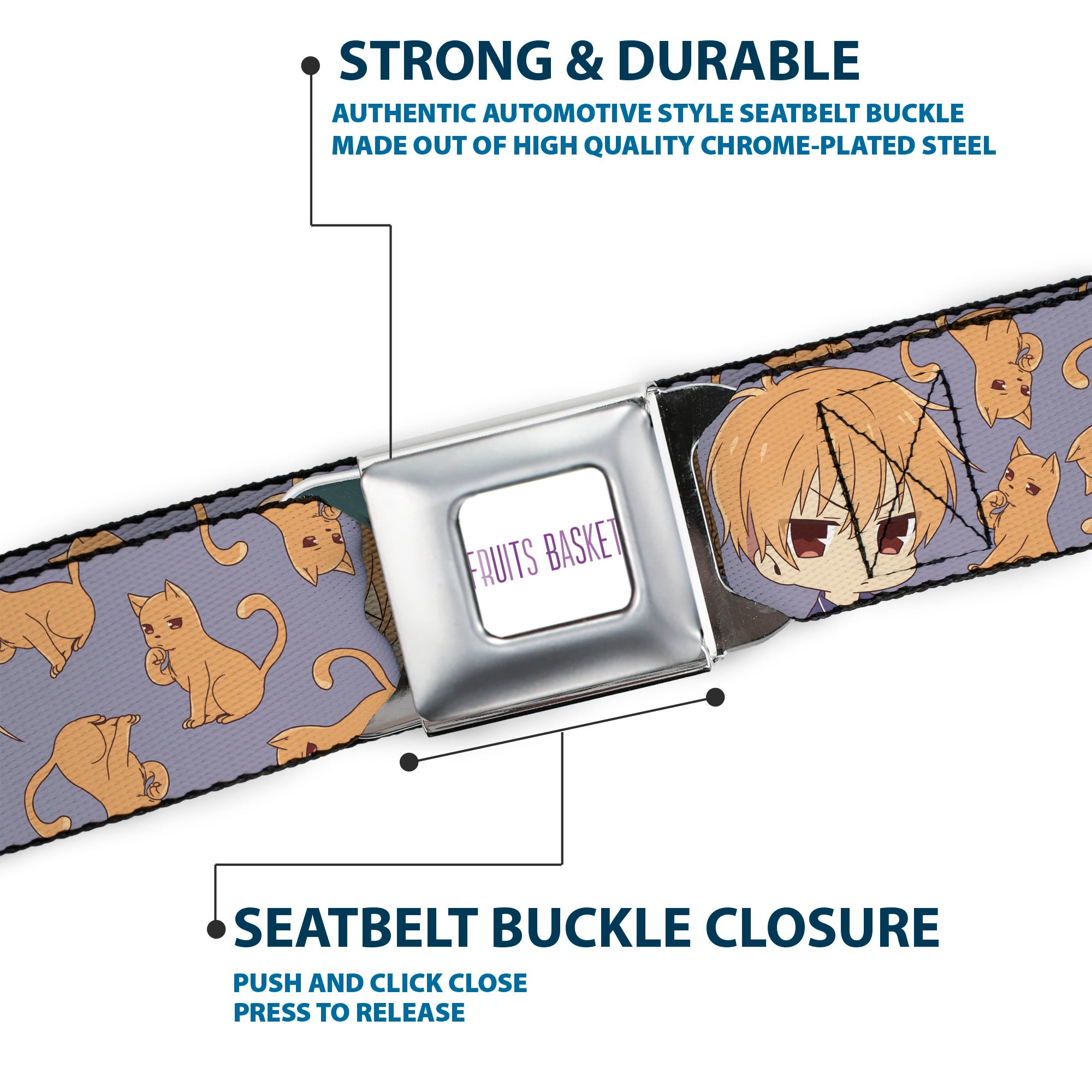 FRUITS BASKET Title Logo Full Color White/Purple Seatbelt Belt - Fruits Basket Chibi Kyo Soma and Cat Scattered Blue/Orange Webbing Seatbelt Belts Fruits Basket