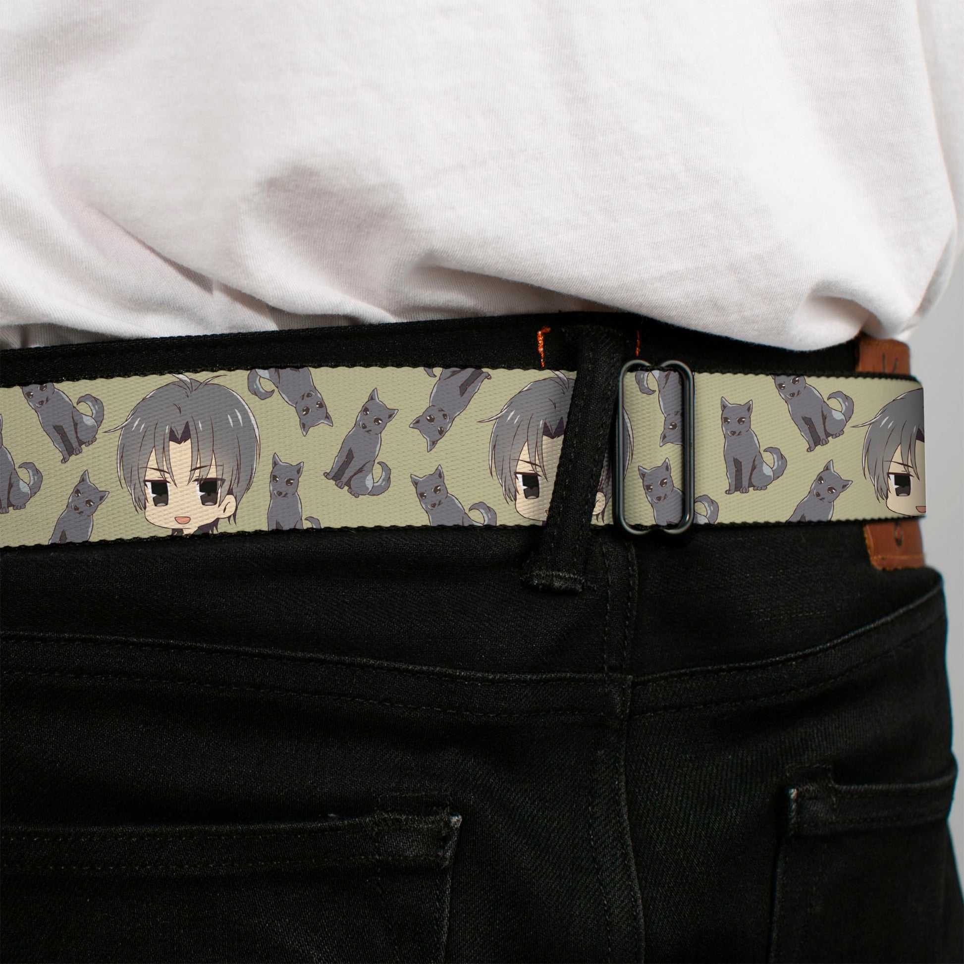 FRUITS BASKET Title Logo Full Color White/Purple Seatbelt Belt - Fruits Basket Chibi Shigure Soma and Dog Scattered Olive/Gray Webbing Seatbelt Belts Fruits Basket