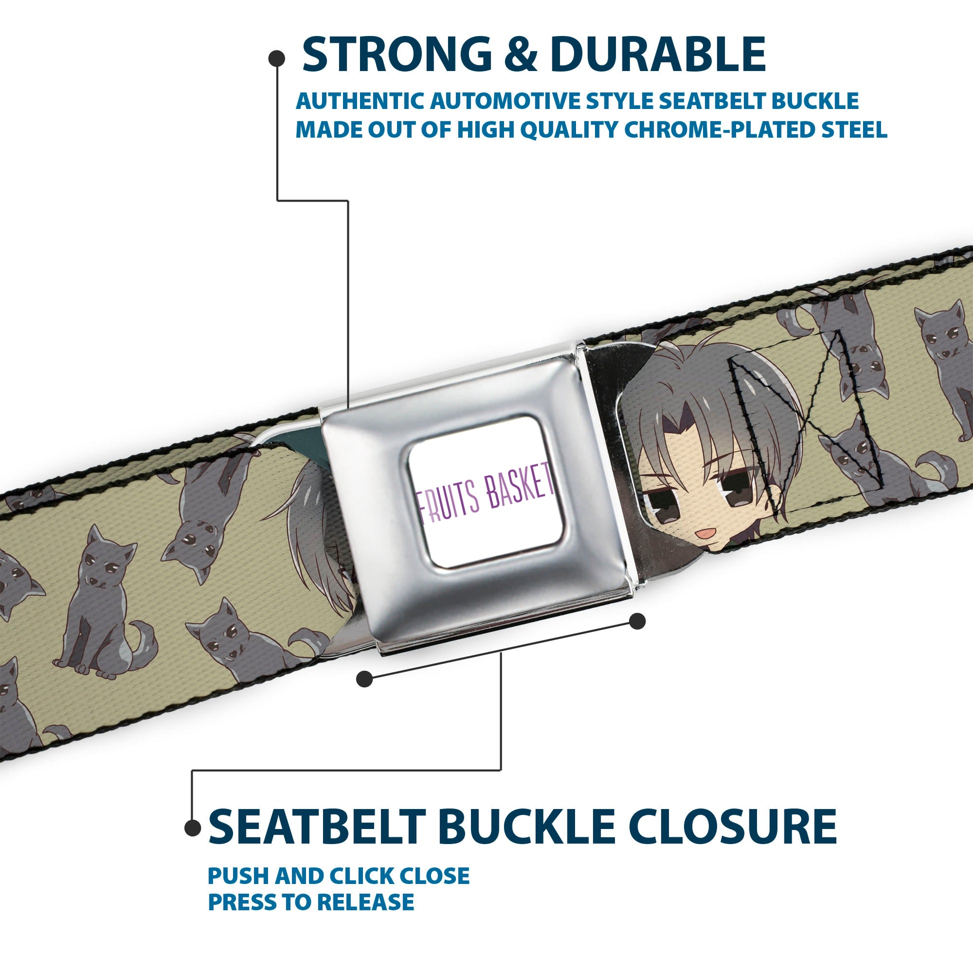 FRUITS BASKET Title Logo Full Color White/Purple Seatbelt Belt - Fruits Basket Chibi Shigure Soma and Dog Scattered Olive/Gray Webbing Seatbelt Belts Fruits Basket