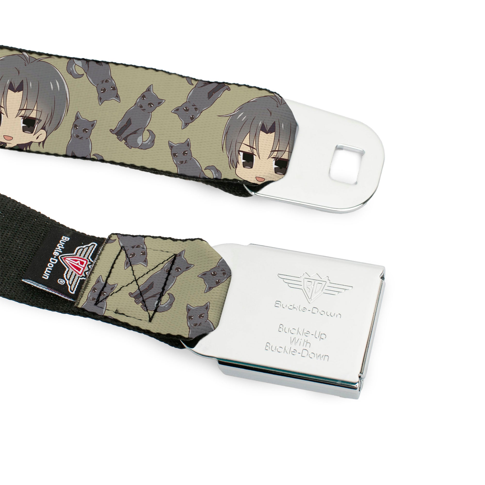 FRUITS BASKET Title Logo Full Color White/Purple Seatbelt Belt - Fruits Basket Chibi Shigure Soma and Dog Scattered Olive/Gray Webbing Seatbelt Belts Fruits Basket