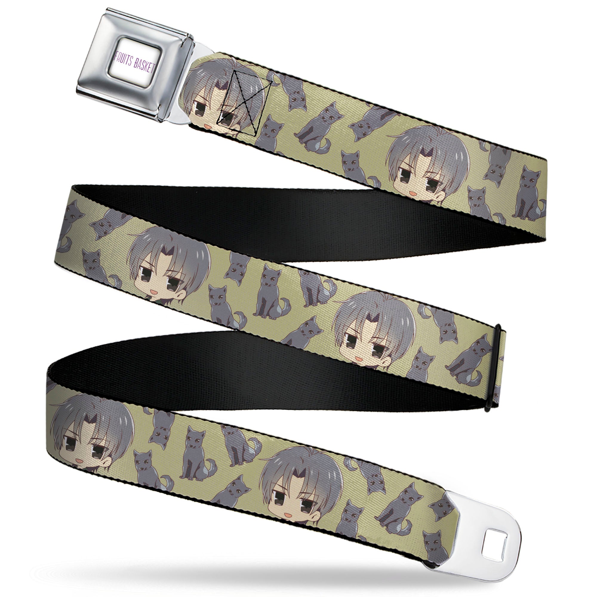 FRUITS BASKET Title Logo Full Color White/Purple Seatbelt Belt - Fruits Basket Chibi Shigure Soma and Dog Scattered Olive/Gray Webbing Seatbelt Belts Fruits Basket
