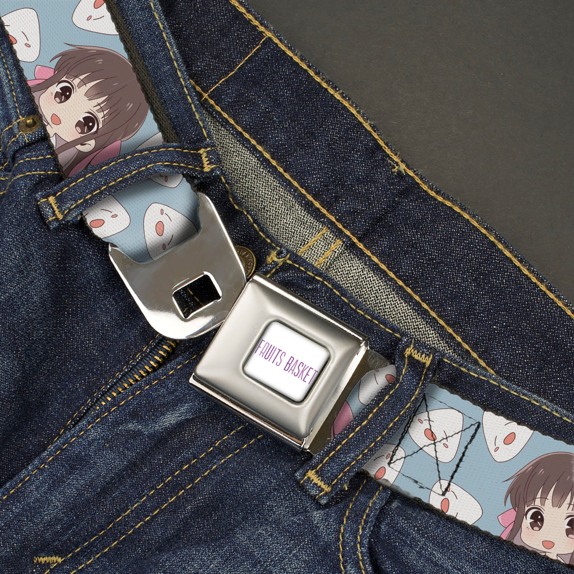 FRUITS BASKET Title Logo Full Color White/Purple Seatbelt Belt - Fruits Basket Chibi Tohru Honda and Rice Ball Scattered Light Blue Webbing Seatbelt Belts Fruits Basket