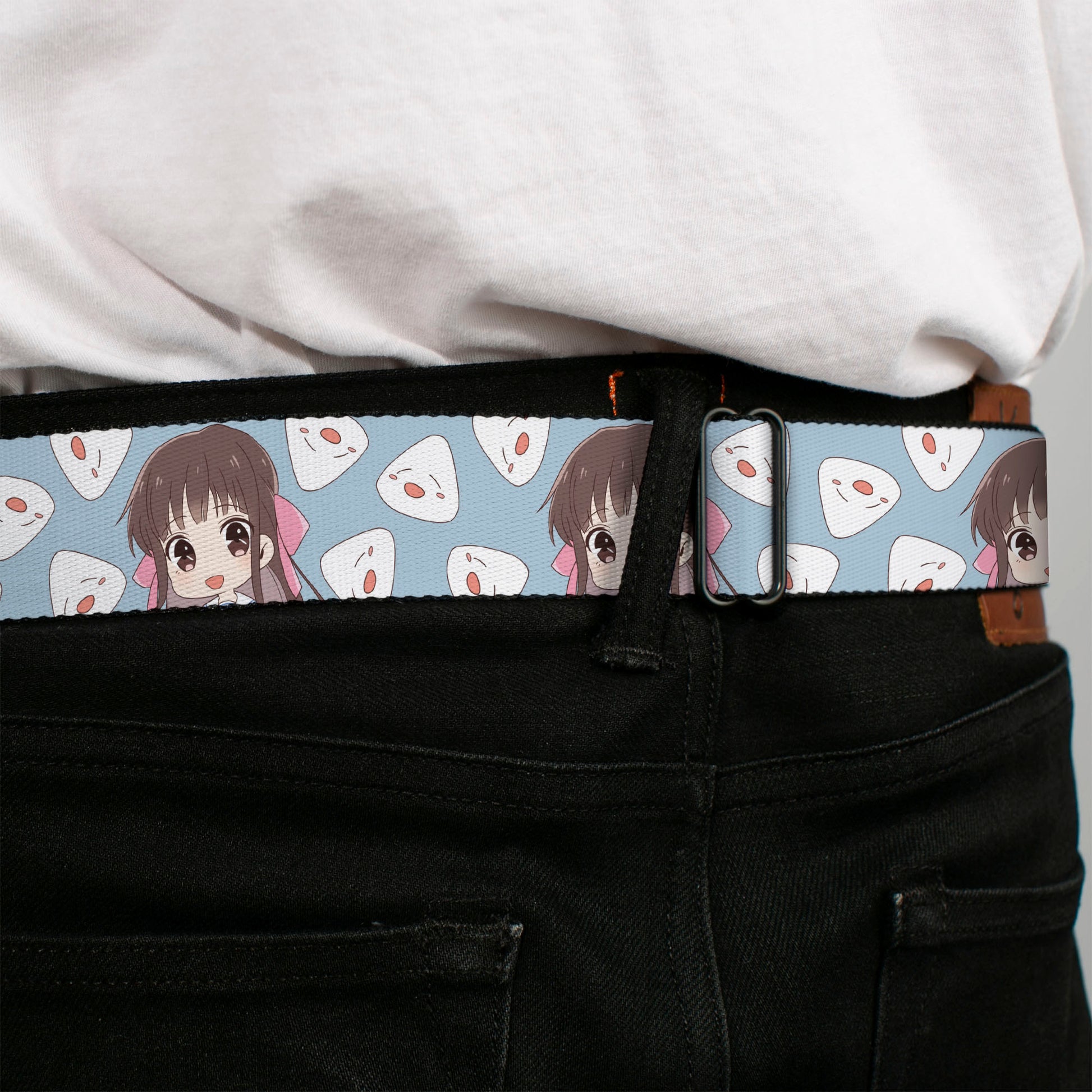 FRUITS BASKET Title Logo Full Color White/Purple Seatbelt Belt - Fruits Basket Chibi Tohru Honda and Rice Ball Scattered Light Blue Webbing Seatbelt Belts Fruits Basket