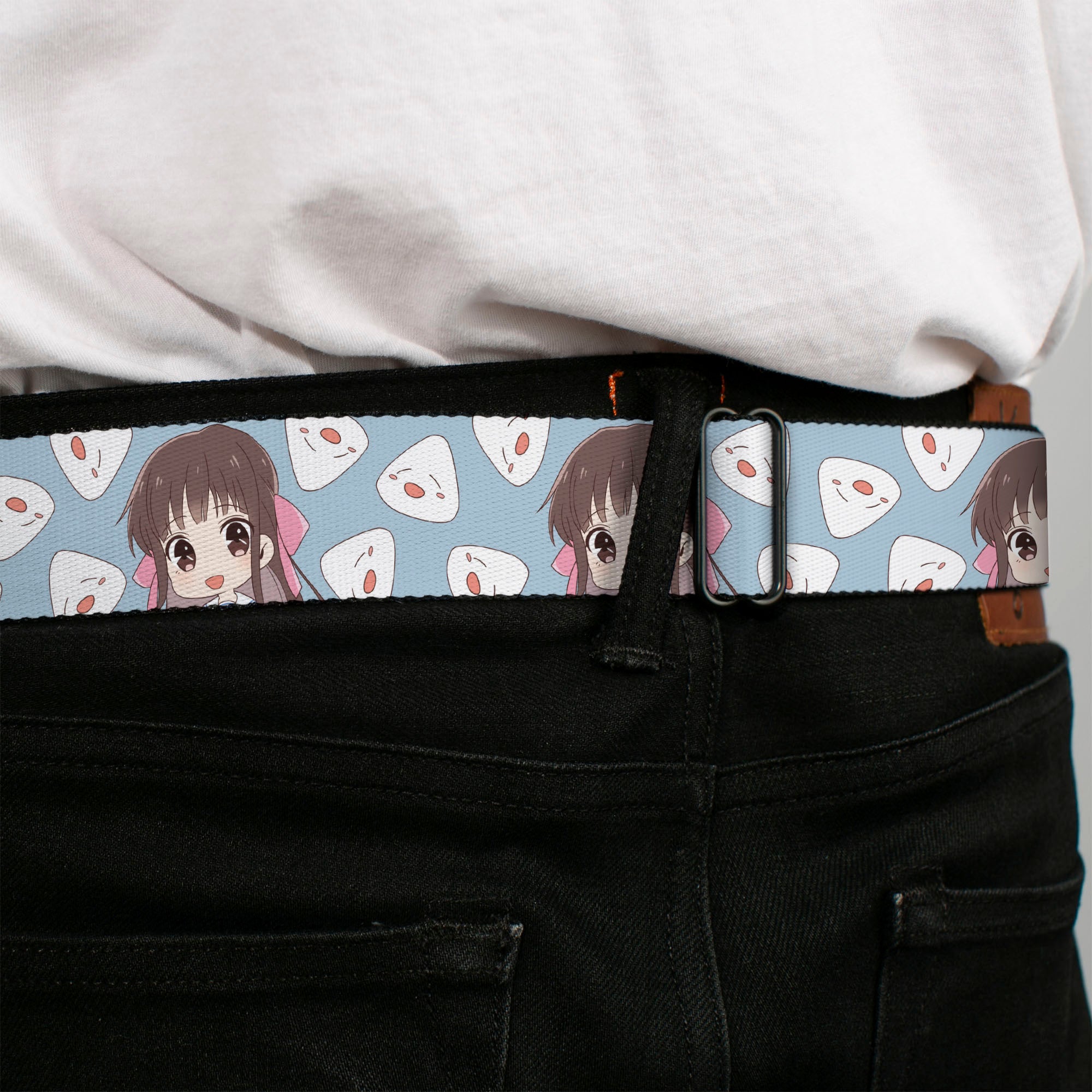 FRUITS BASKET Title Logo Full Color White/Purple Seatbelt Belt - Fruits Basket Chibi Tohru Honda and Rice Ball Scattered Light Blue Webbing Seatbelt Belts Fruits Basket