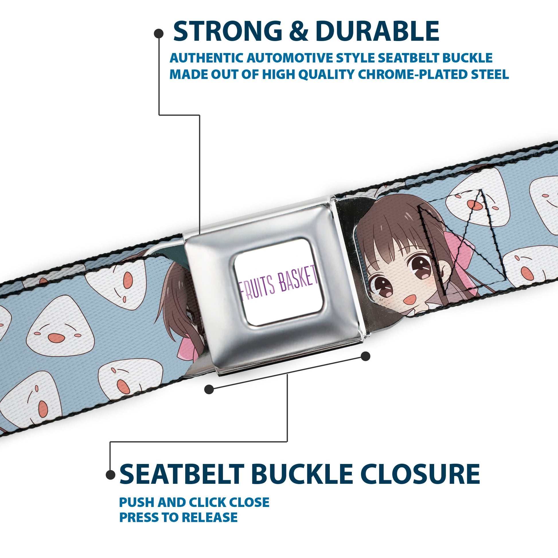 FRUITS BASKET Title Logo Full Color White/Purple Seatbelt Belt - Fruits Basket Chibi Tohru Honda and Rice Ball Scattered Light Blue Webbing Seatbelt Belts Fruits Basket