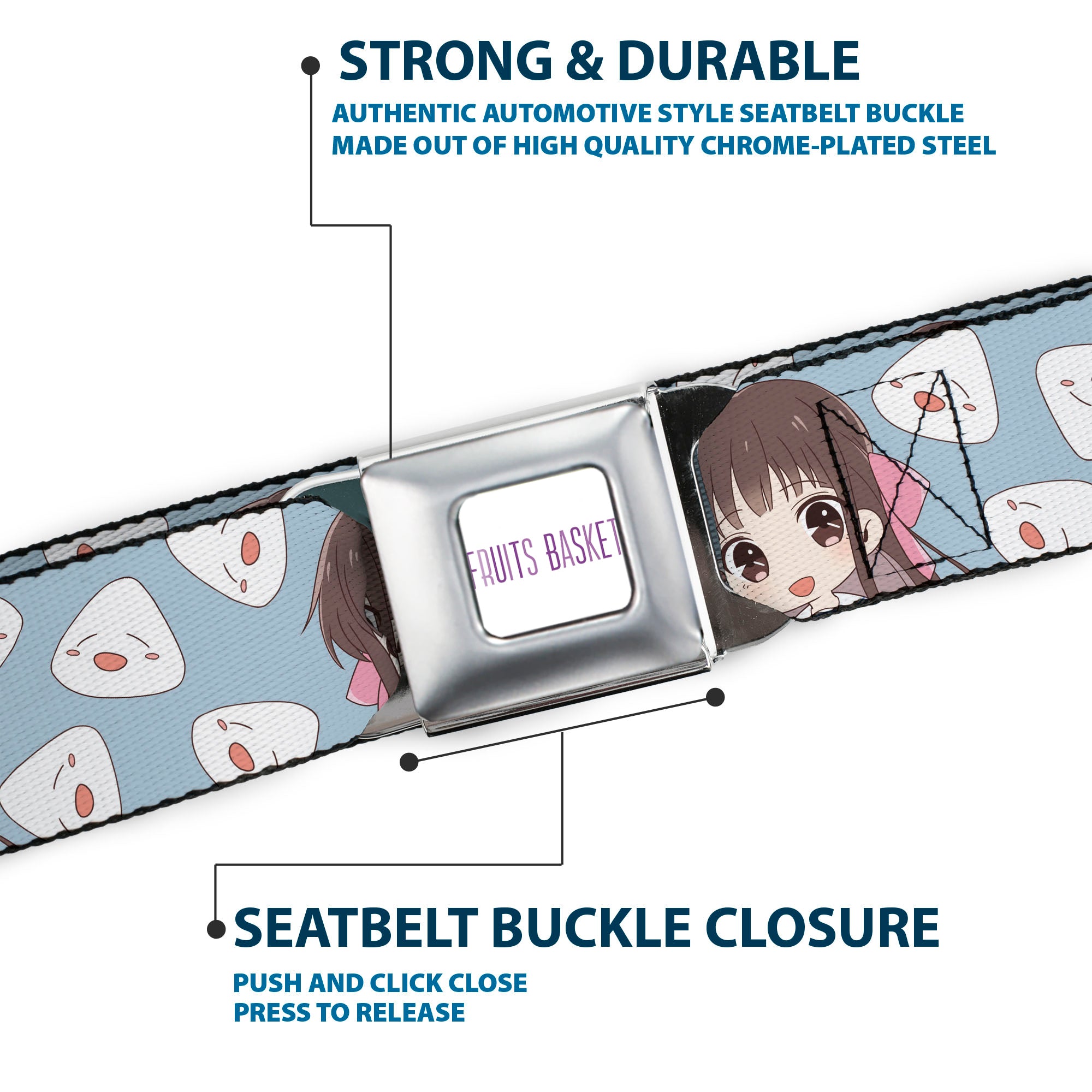 FRUITS BASKET Title Logo Full Color White/Purple Seatbelt Belt - Fruits Basket Chibi Tohru Honda and Rice Ball Scattered Light Blue Webbing Seatbelt Belts Fruits Basket