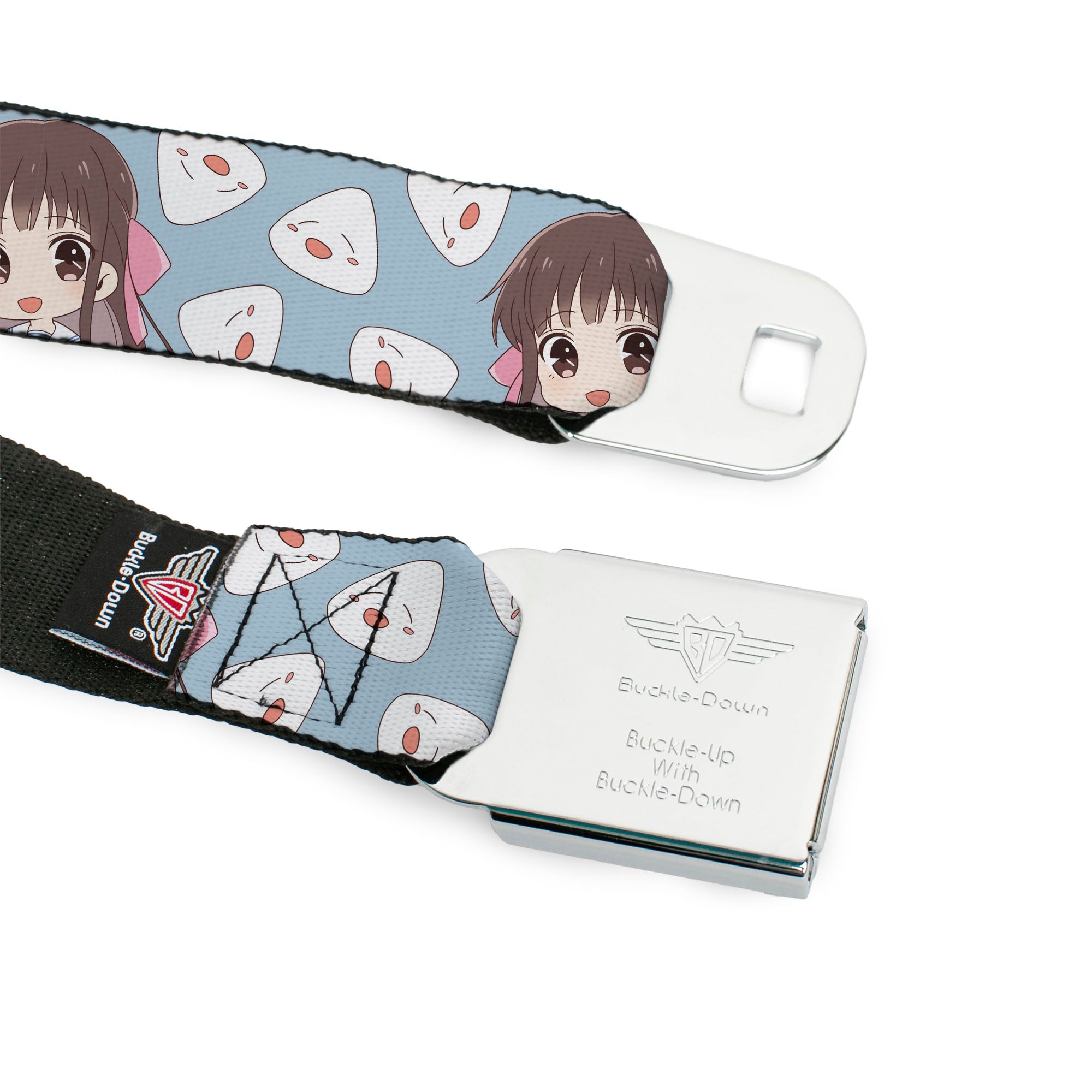 FRUITS BASKET Title Logo Full Color White/Purple Seatbelt Belt - Fruits Basket Chibi Tohru Honda and Rice Ball Scattered Light Blue Webbing Seatbelt Belts Fruits Basket