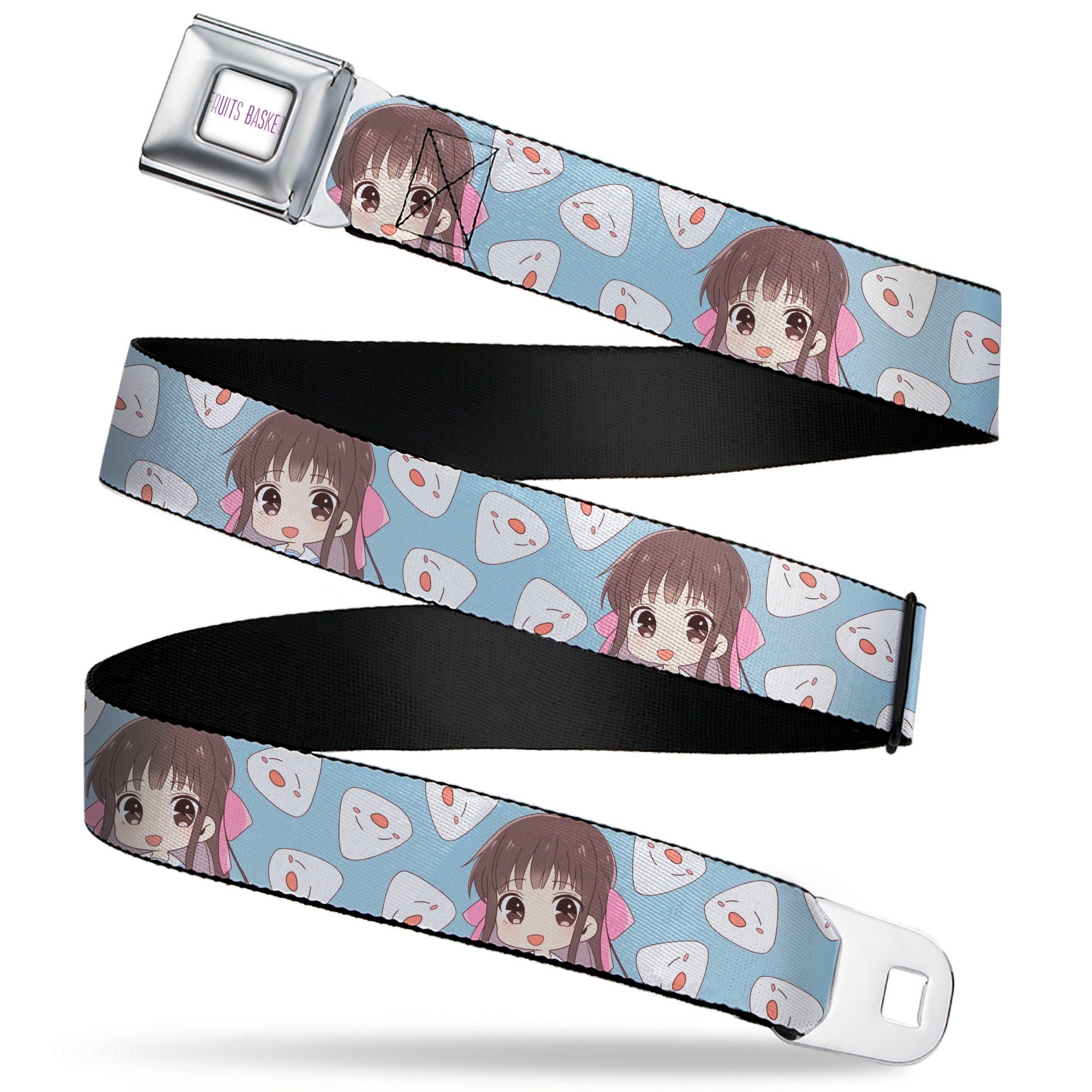 FRUITS BASKET Title Logo Full Color White/Purple Seatbelt Belt - Fruits Basket Chibi Tohru Honda and Rice Ball Scattered Light Blue Webbing Seatbelt Belts Crunchyroll