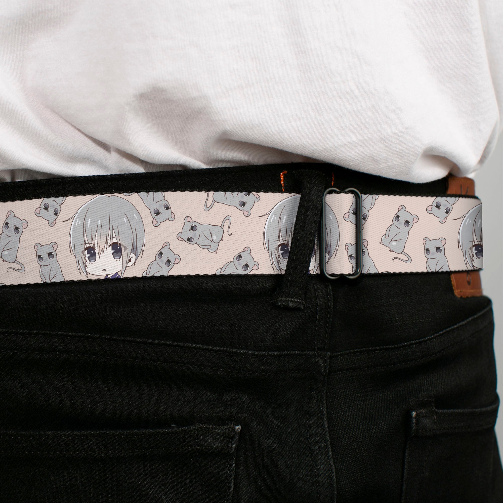 FRUITS BASKET Title Logo Full Color White/Purple Seatbelt Belt - Fruits Basket Chibi Yuki Soma and Rat Scattered Beige/Gray Webbing Seatbelt Belts Fruits Basket