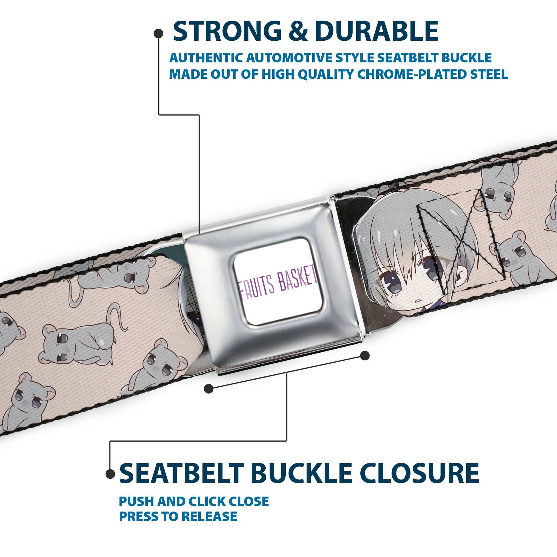 FRUITS BASKET Title Logo Full Color White/Purple Seatbelt Belt - Fruits Basket Chibi Yuki Soma and Rat Scattered Beige/Gray Webbing Seatbelt Belts Fruits Basket