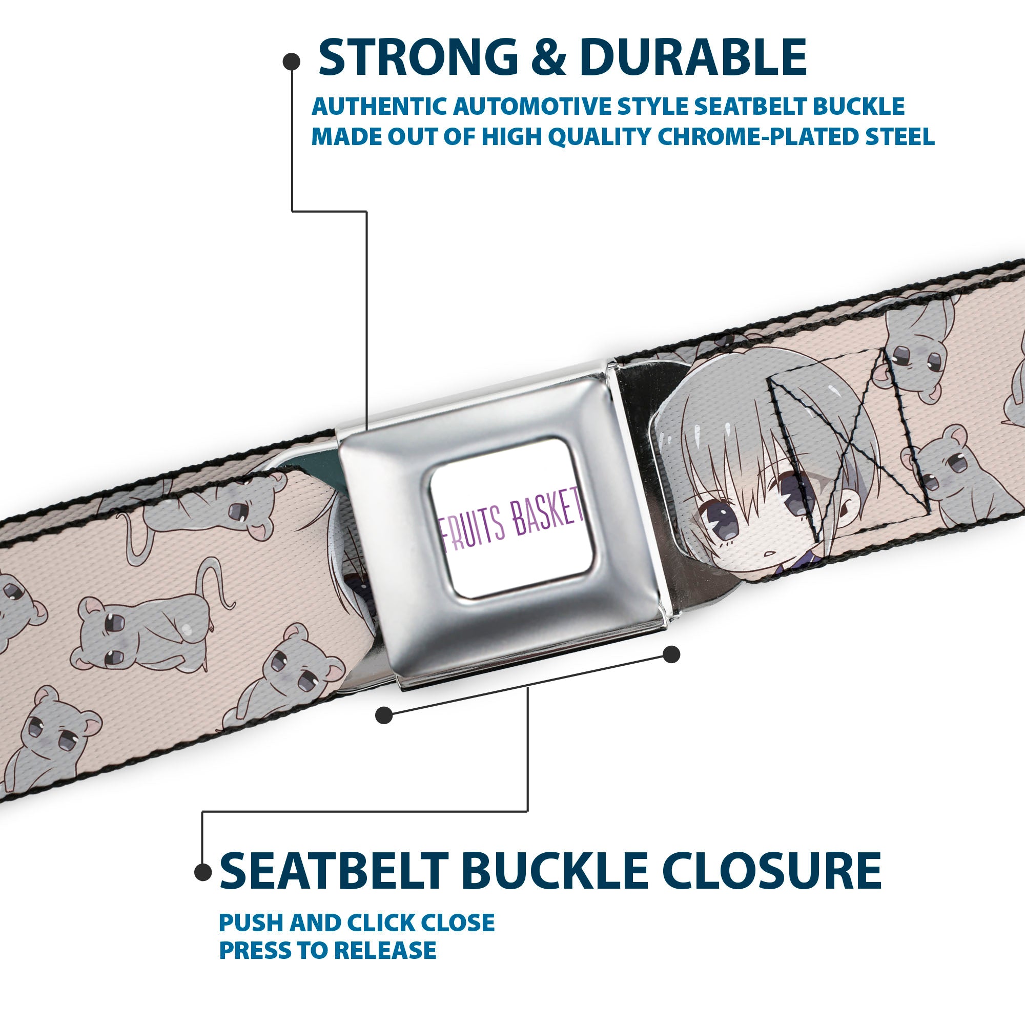 FRUITS BASKET Title Logo Full Color White/Purple Seatbelt Belt - Fruits Basket Chibi Yuki Soma and Rat Scattered Beige/Gray Webbing Seatbelt Belts Fruits Basket