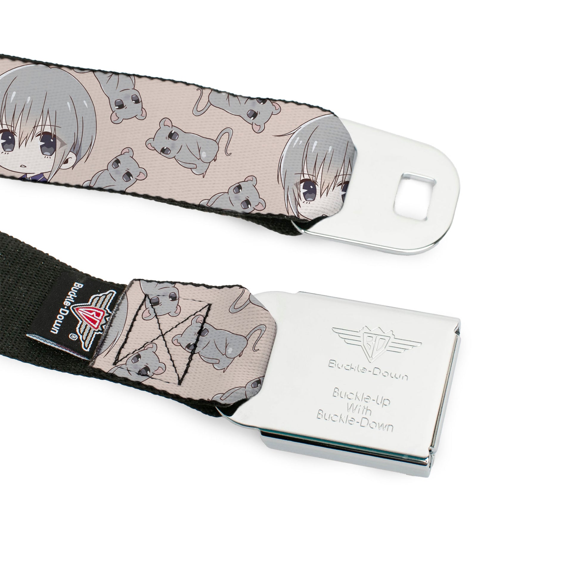 FRUITS BASKET Title Logo Full Color White/Purple Seatbelt Belt - Fruits Basket Chibi Yuki Soma and Rat Scattered Beige/Gray Webbing Seatbelt Belts Fruits Basket