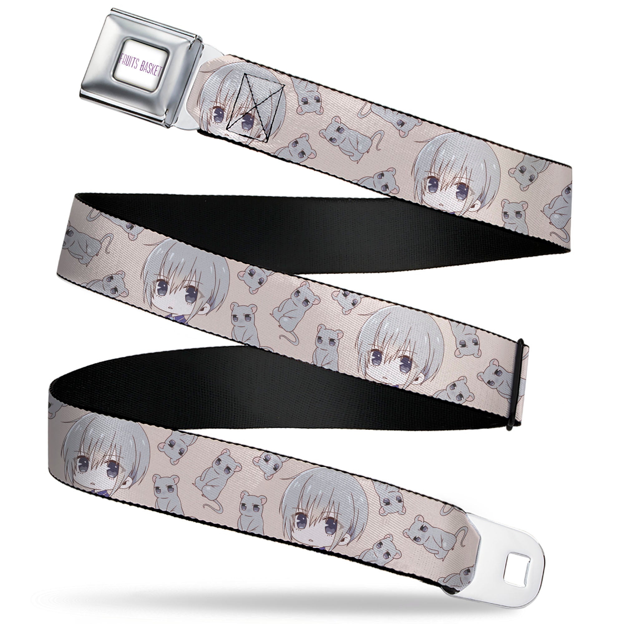 FRUITS BASKET Title Logo Full Color White/Purple Seatbelt Belt - Fruits Basket Chibi Yuki Soma and Rat Scattered Beige/Gray Webbing Seatbelt Belts Fruits Basket