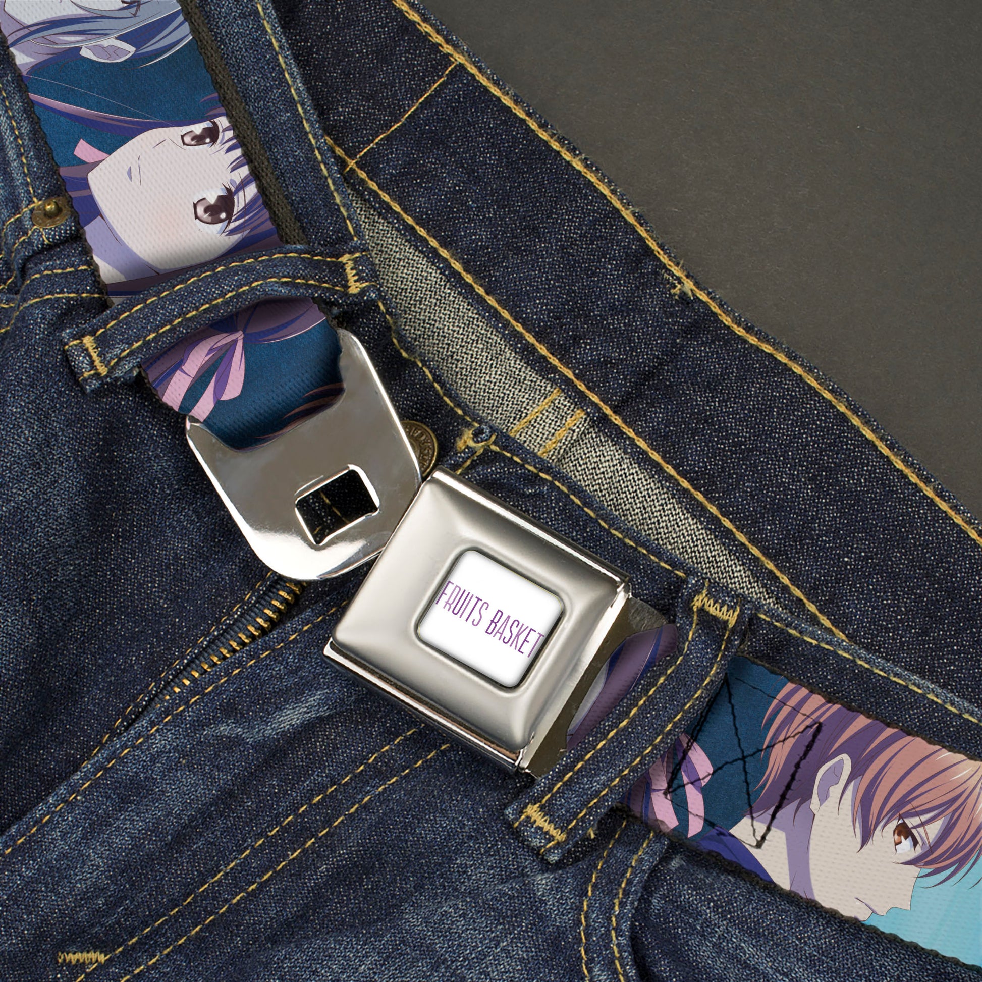 FRUITS BASKET Title Logo Full Color White/Purple Seatbelt Belt - Fruits Basket Yuki Tohru Kyo Final Season Group Pose Blues Webbing Seatbelt Belts Fruits Basket