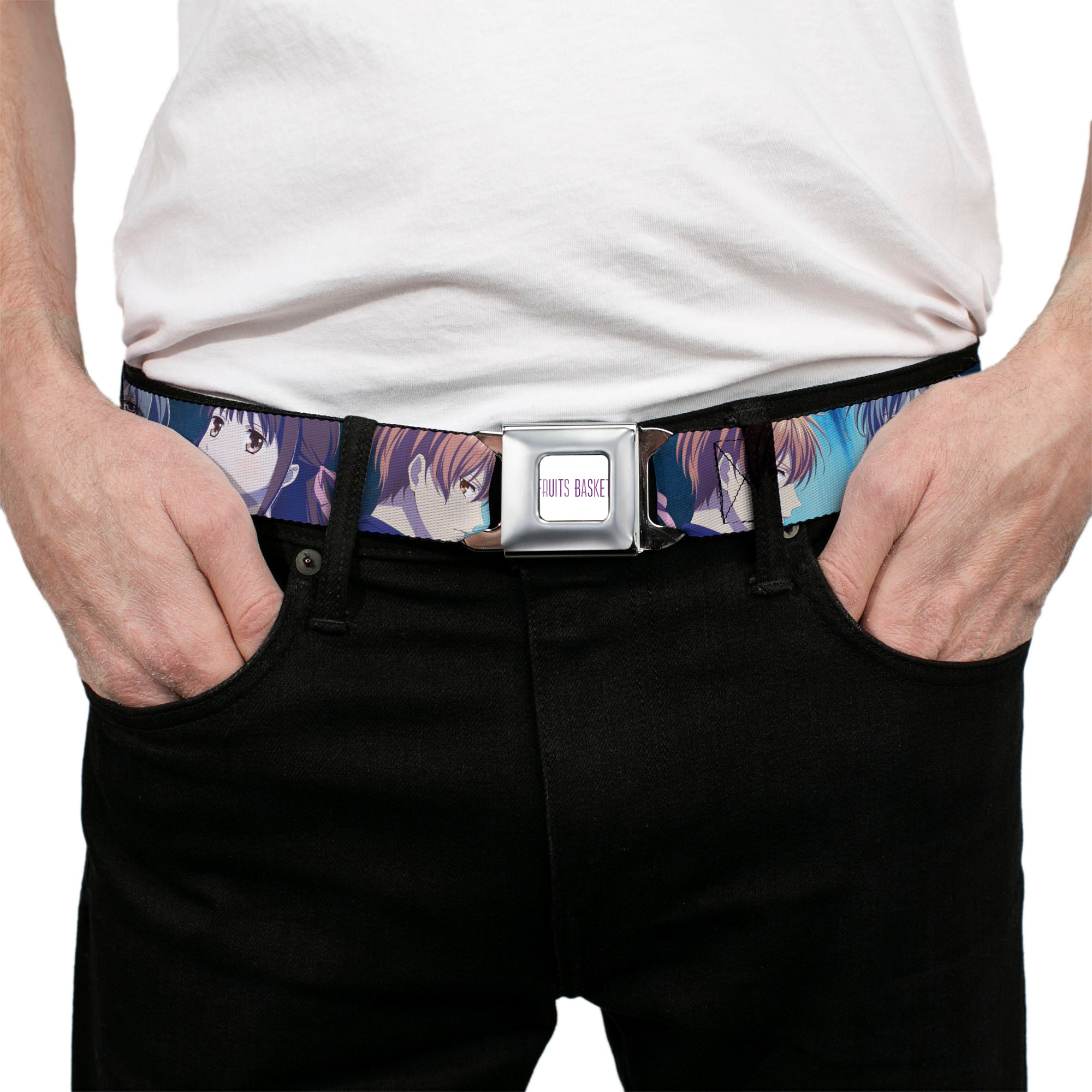 FRUITS BASKET Title Logo Full Color White/Purple Seatbelt Belt - Fruits Basket Yuki Tohru Kyo Final Season Group Pose Blues Webbing Seatbelt Belts Fruits Basket