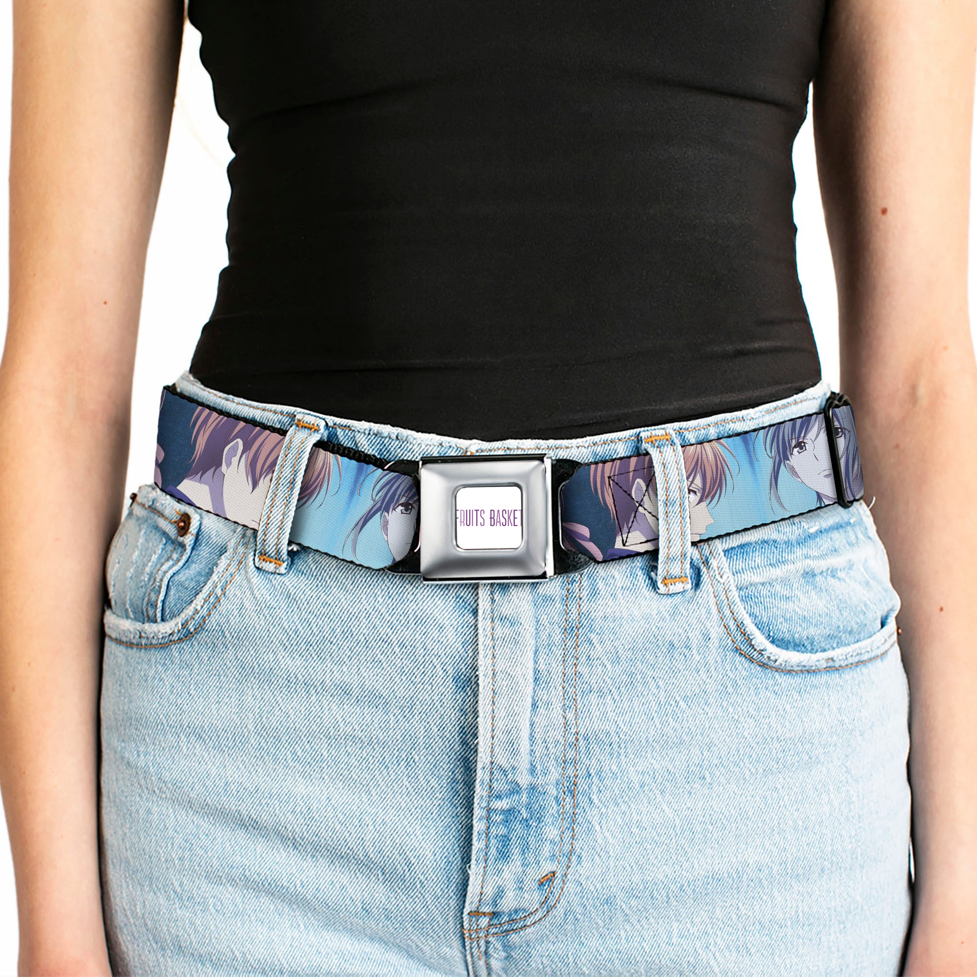 FRUITS BASKET Title Logo Full Color White/Purple Seatbelt Belt - Fruits Basket Yuki Tohru Kyo Final Season Group Pose Blues Webbing Seatbelt Belts Fruits Basket