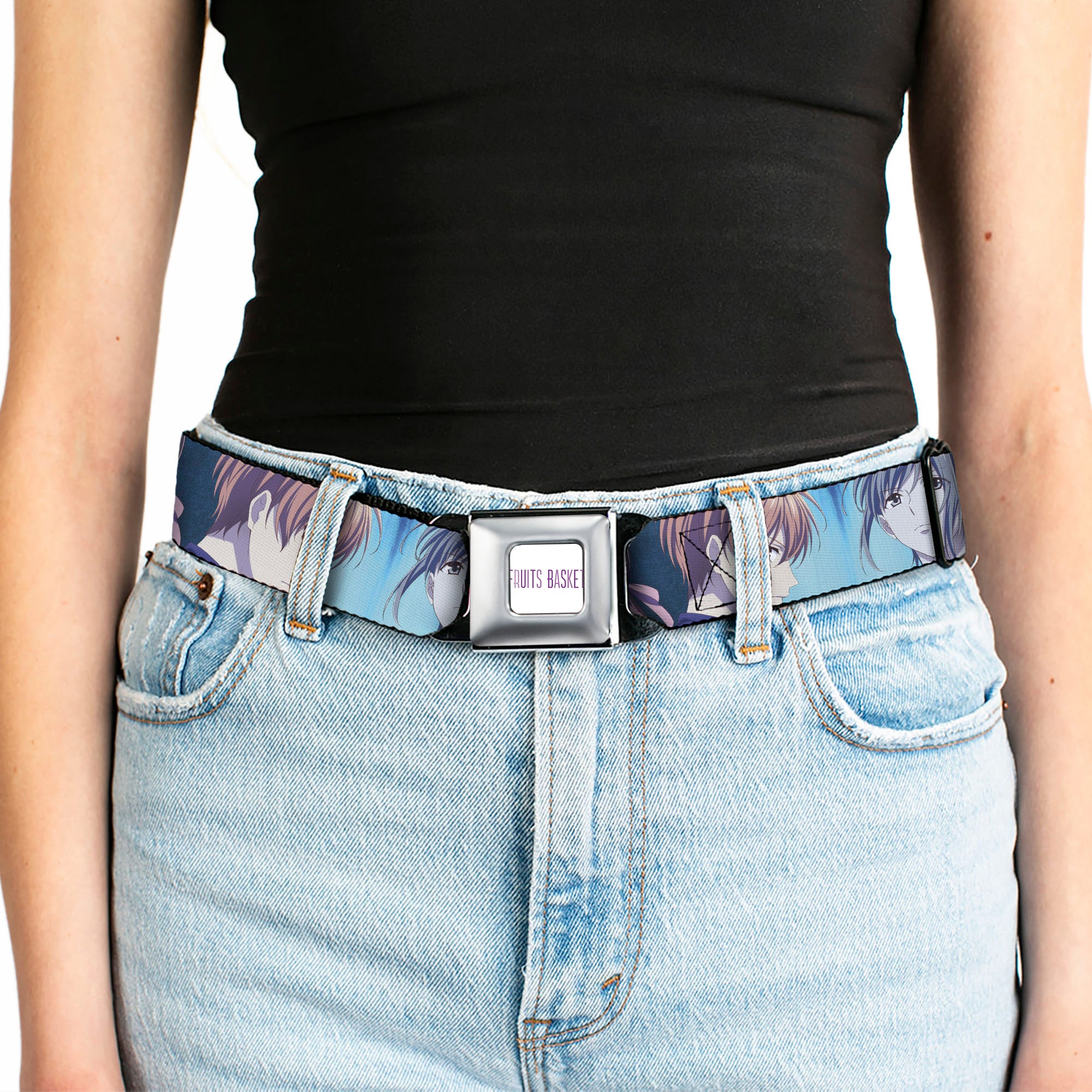 FRUITS BASKET Title Logo Full Color White/Purple Seatbelt Belt - Fruits Basket Yuki Tohru Kyo Final Season Group Pose Blues Webbing Seatbelt Belts Fruits Basket