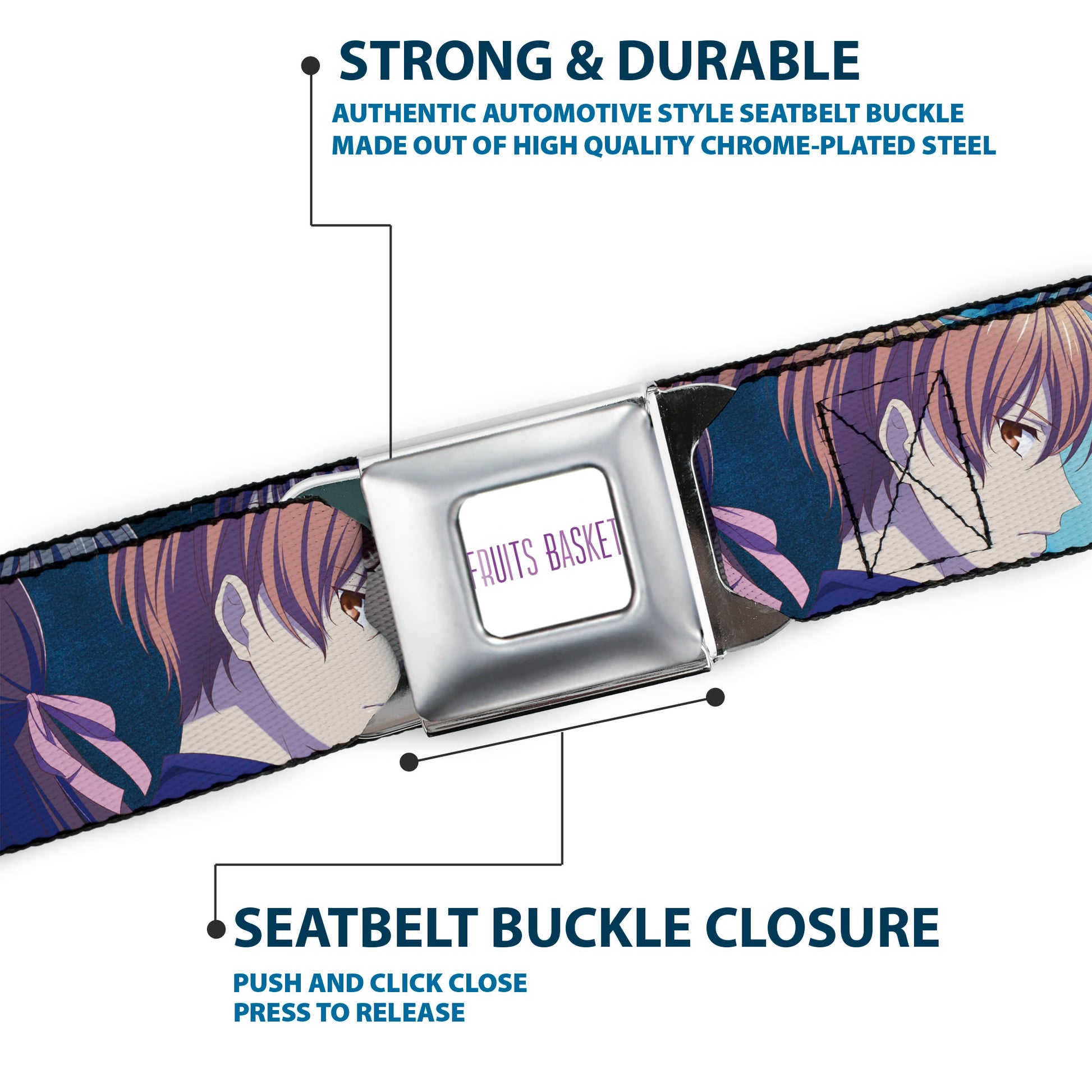 FRUITS BASKET Title Logo Full Color White/Purple Seatbelt Belt - Fruits Basket Yuki Tohru Kyo Final Season Group Pose Blues Webbing Seatbelt Belts Fruits Basket