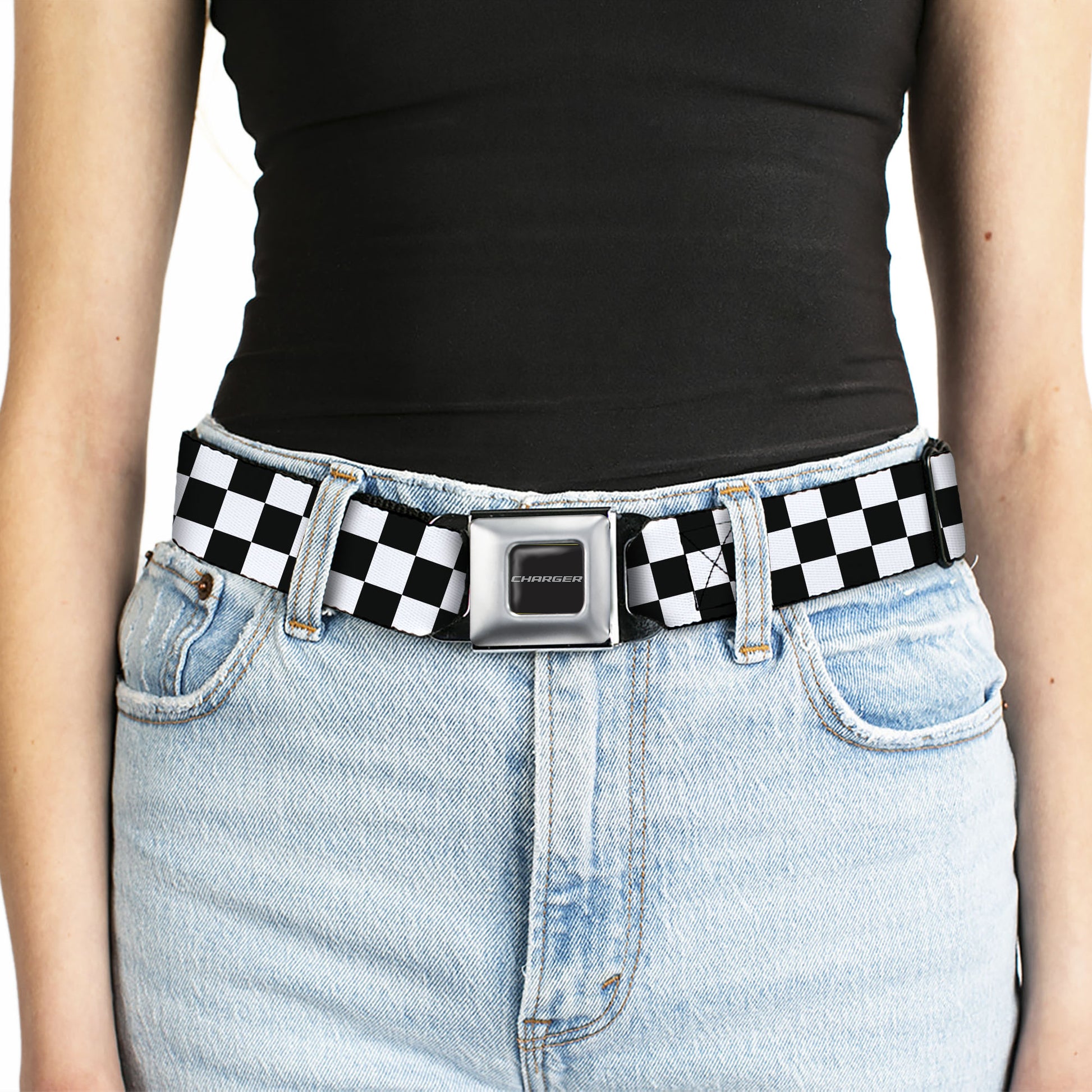 CHARGER Text Seatbelt Belt - Checker Black/White Webbing Seatbelt Belts Dodge