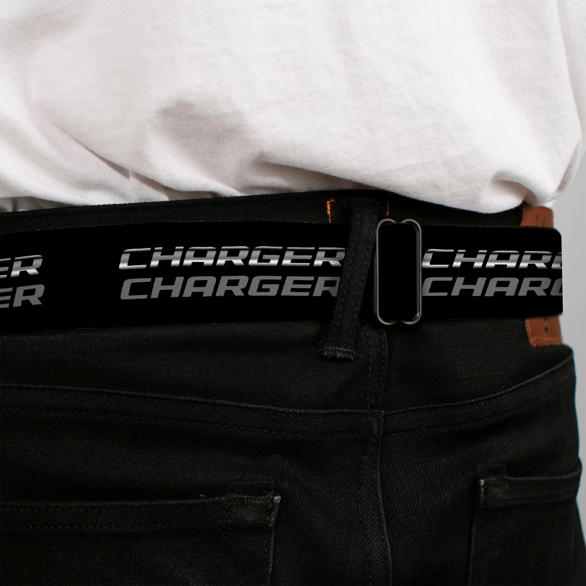CHARGER Text Seatbelt Belt - CHARGER Double Repeat Black/Gray Webbing Seatbelt Belts Dodge