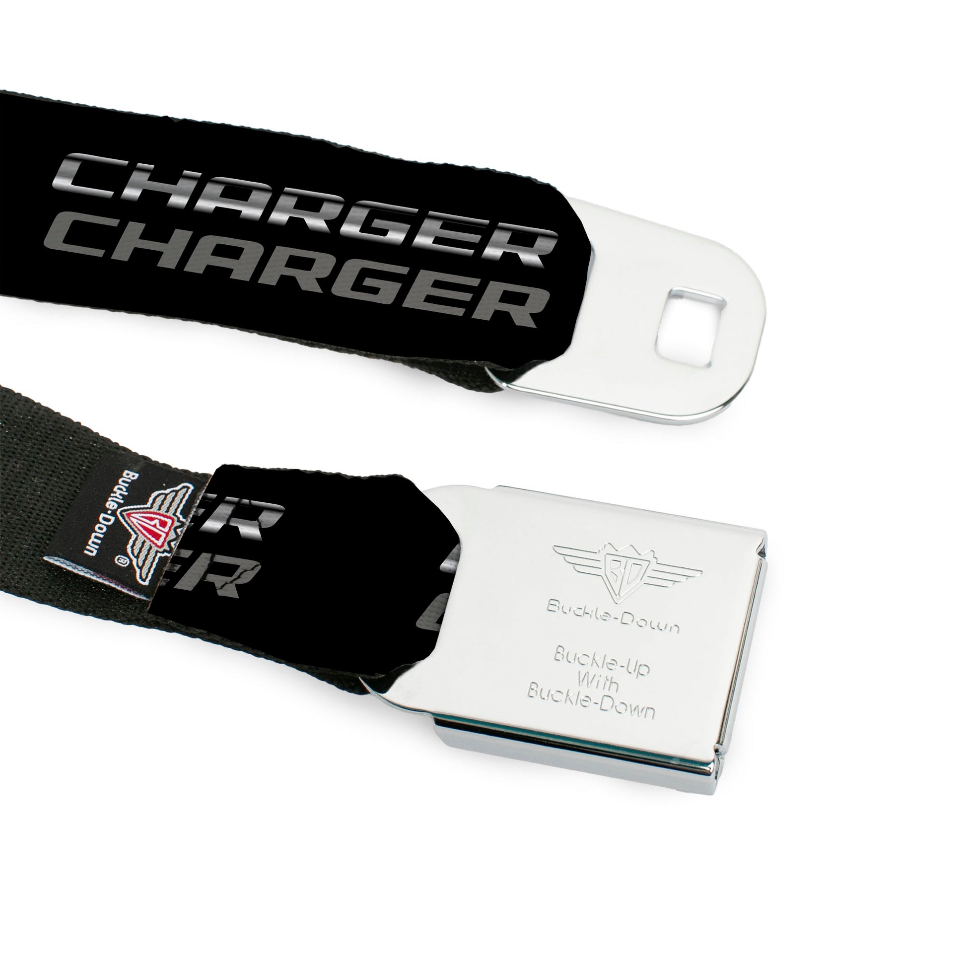 CHARGER Text Seatbelt Belt - CHARGER Double Repeat Black/Gray Webbing Seatbelt Belts Dodge
