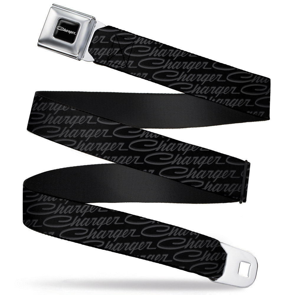 CHARGER Script Emblem Corner Full Color Black Silver Fade White Seatbelt Belt - CHARGER Script Emblem Repeat Black/Grays Webbing Seatbelt Belts Dodge