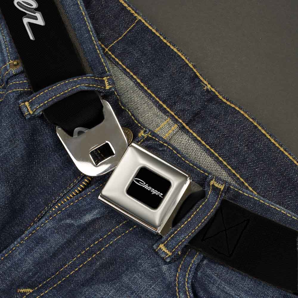 CHARGER Script Emblem Corner Full Color Black Silver Fade White Seatbelt Belt - CHARGER Script Emblem Corner Black/Silver Fade/White Webbing Seatbelt Belts Dodge