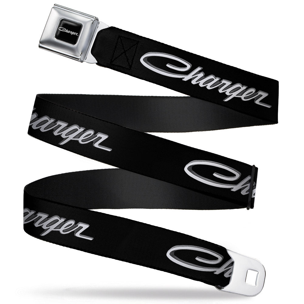 CHARGER Script Emblem Corner Full Color Black Silver Fade White Seatbelt Belt - CHARGER Script Emblem Corner Black/Silver Fade/White Webbing Seatbelt Belts Dodge