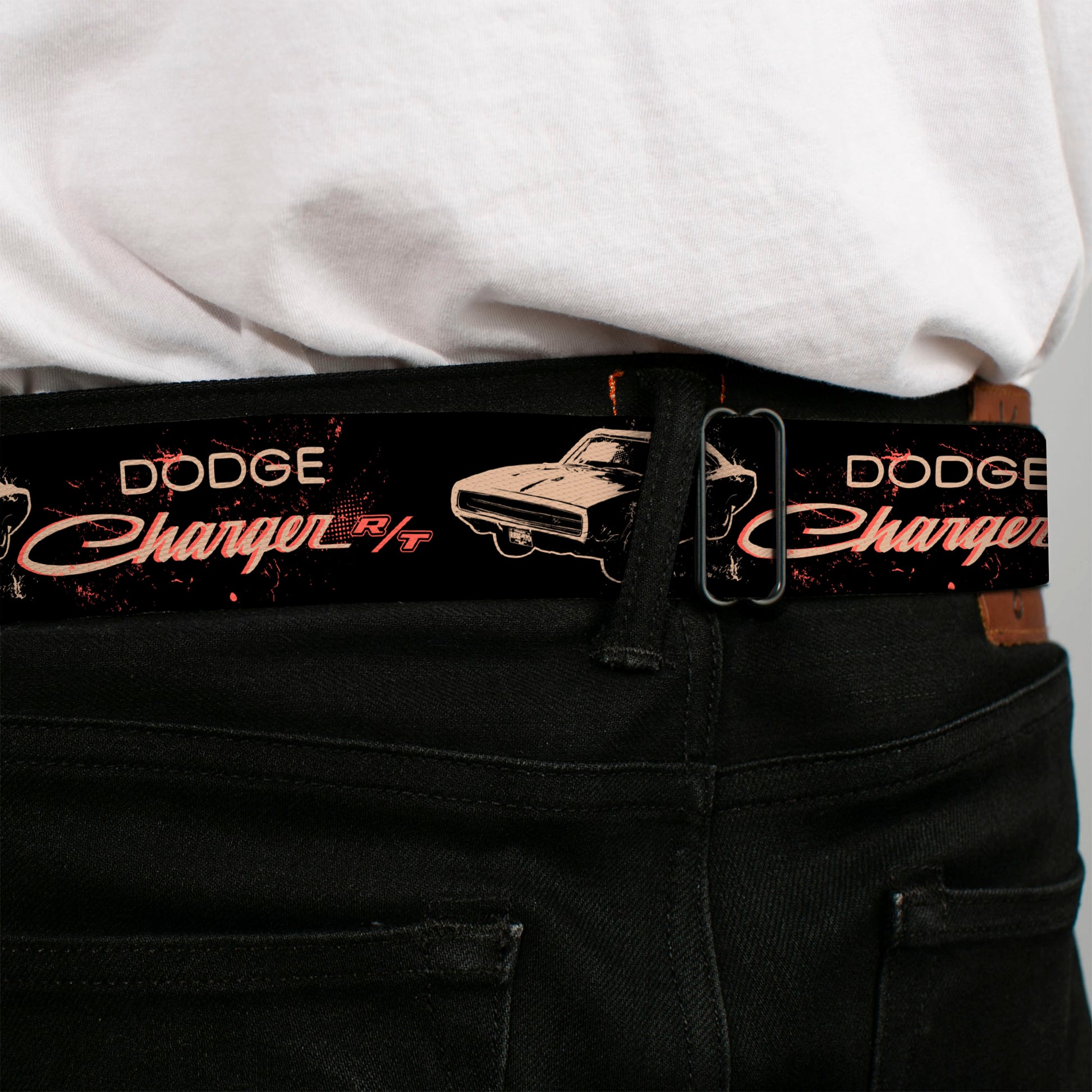 DODGE Text Full Color Black/Tan Seatbelt Belt - DODGE CHARGER R/T Profile Black/Beige/Red Webbing Seatbelt Belts Dodge