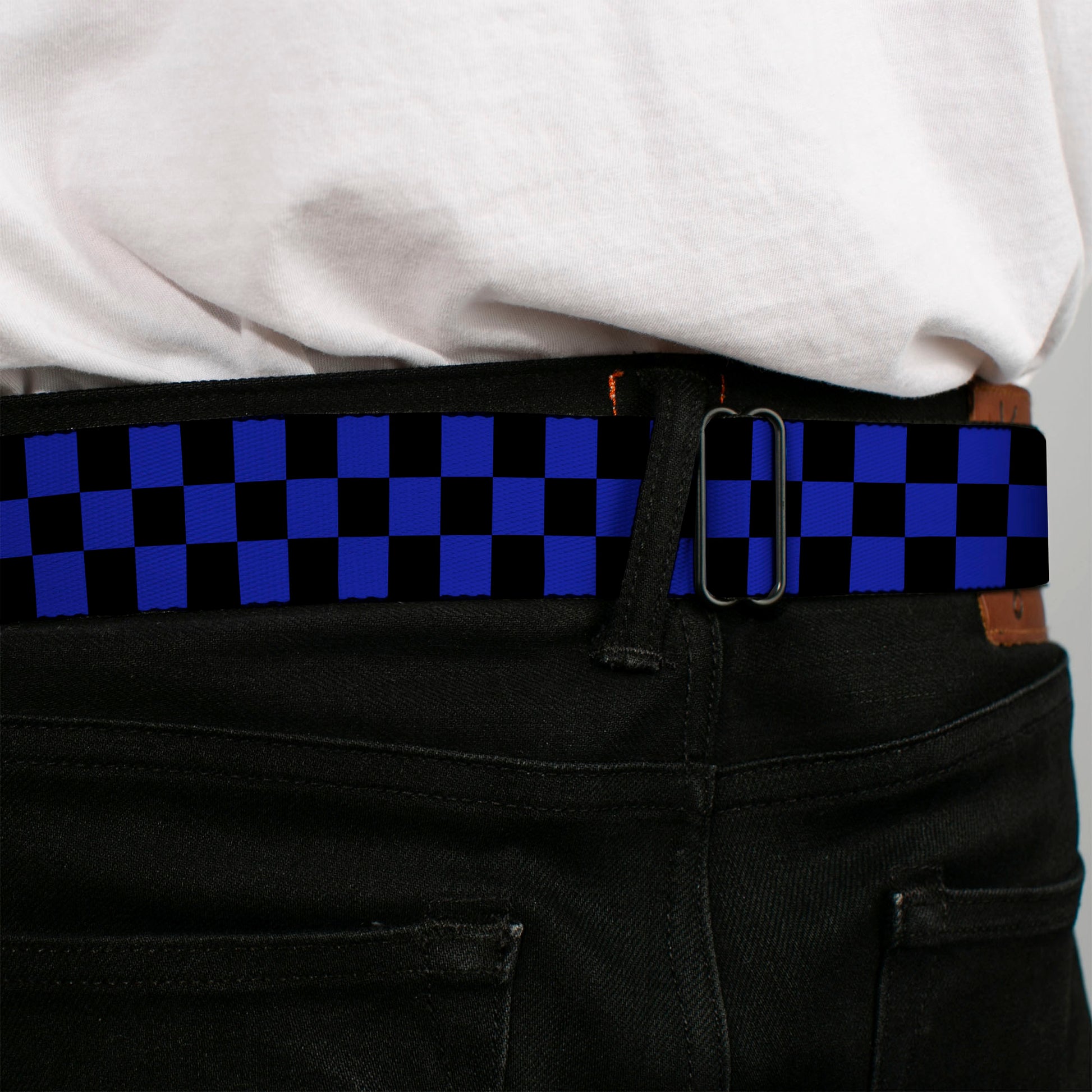 Chevy Seatbelt Belt - Checker Black/Neon Blue Webbing Seatbelt Belts GM General Motors