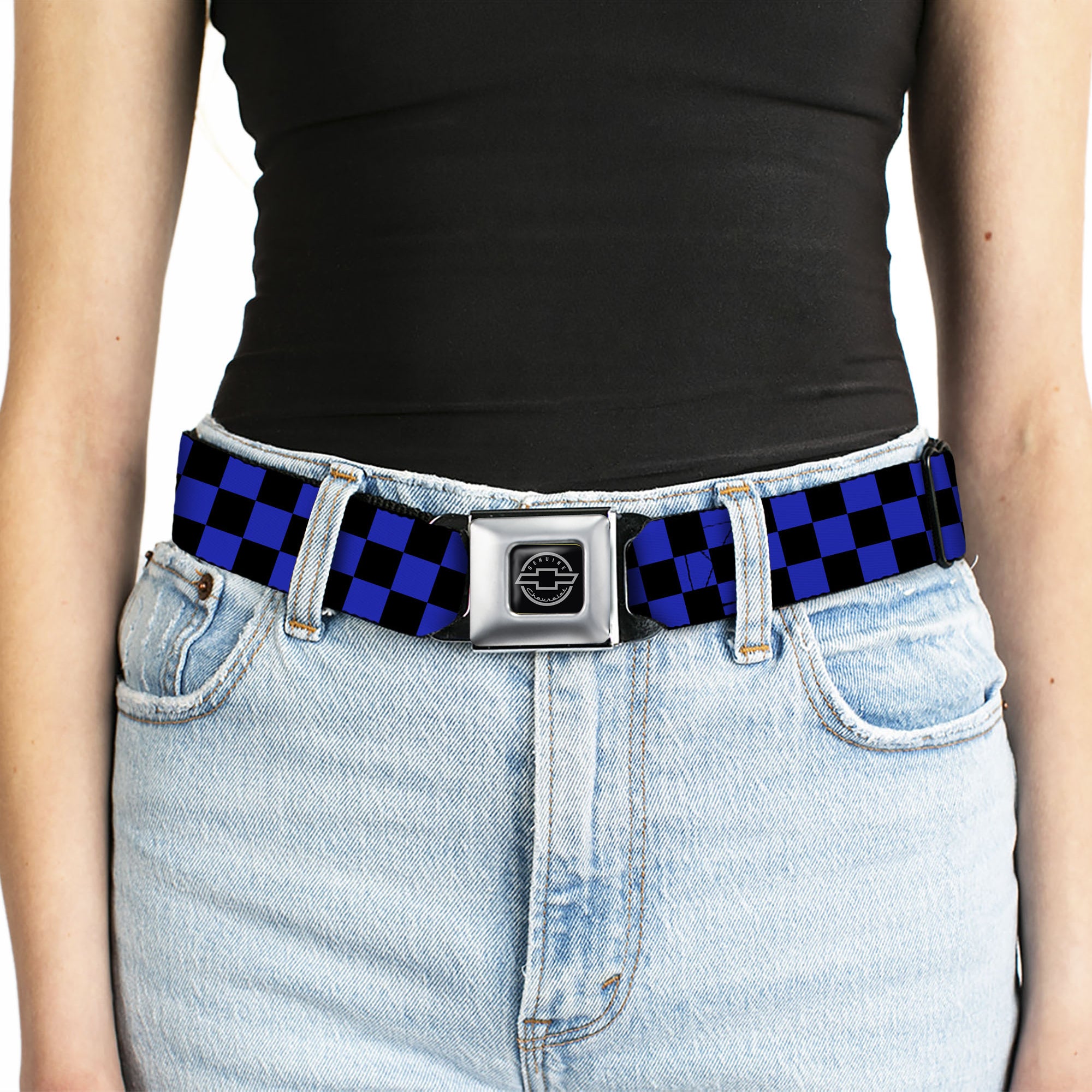 Chevy Seatbelt Belt - Checker Black/Neon Blue Webbing Seatbelt Belts GM General Motors