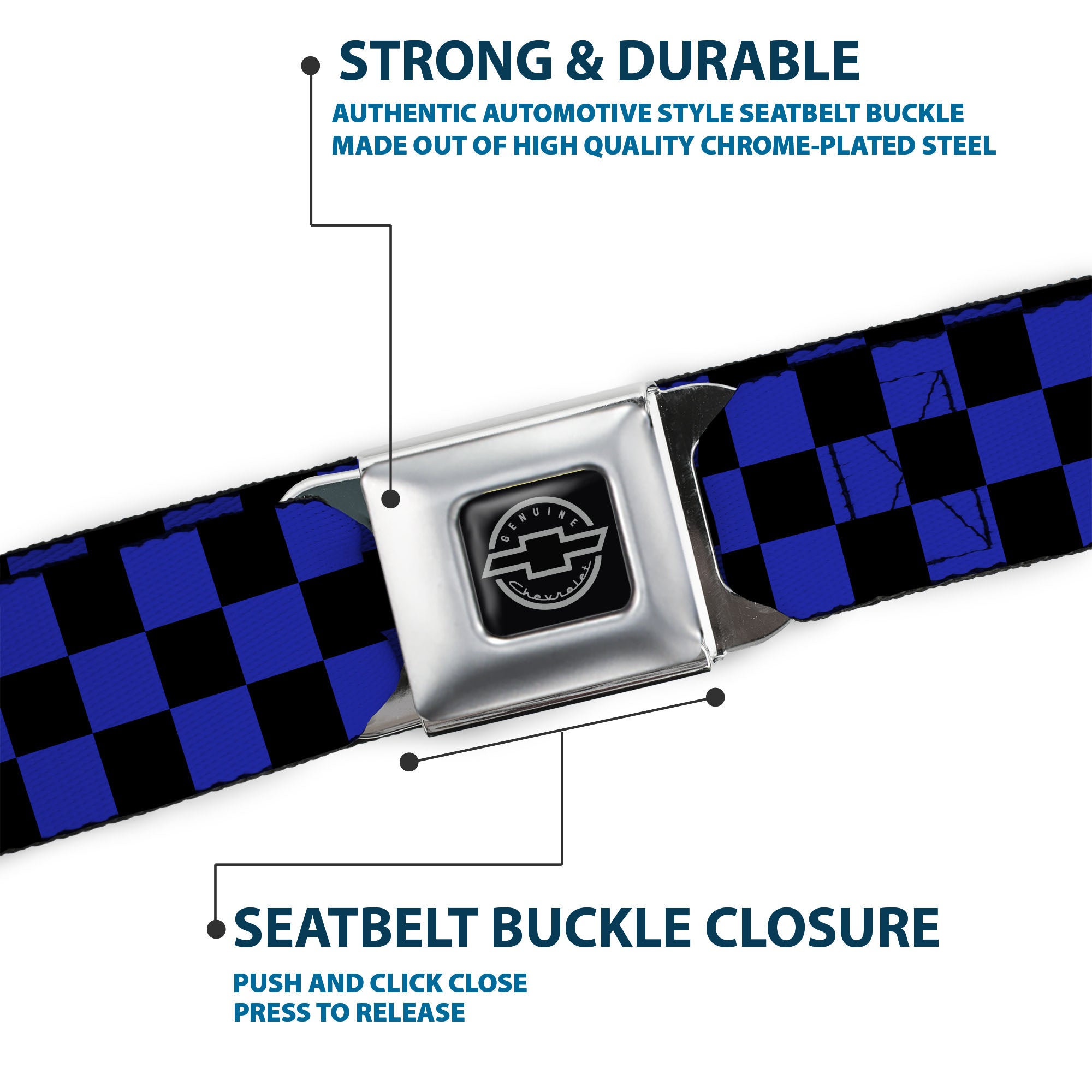 Chevy Seatbelt Belt - Checker Black/Neon Blue Webbing Seatbelt Belts GM General Motors