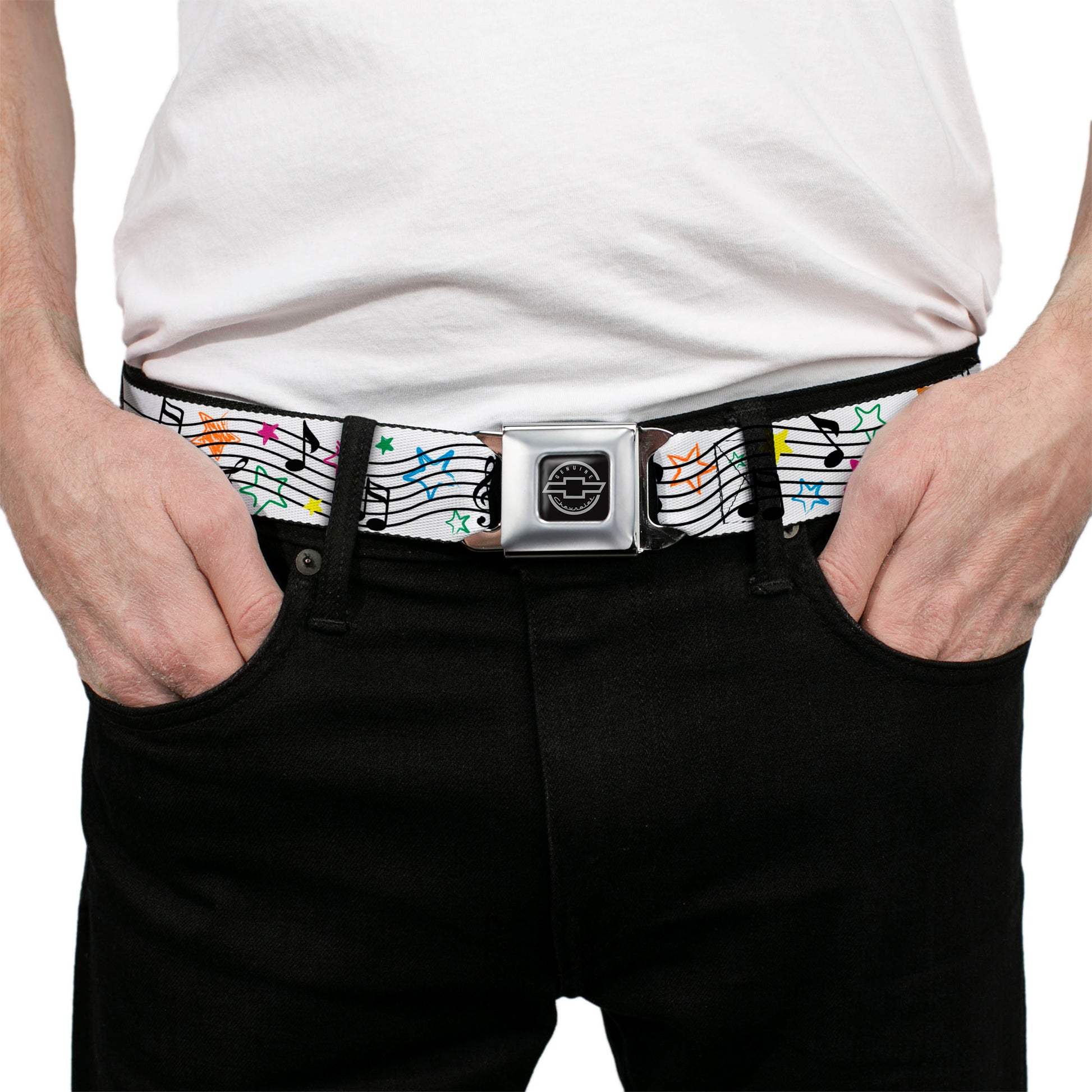 Chevy Seatbelt Belt - Music Notes Stars White/Black/Multi Color Webbing Seatbelt Belts GM General Motors