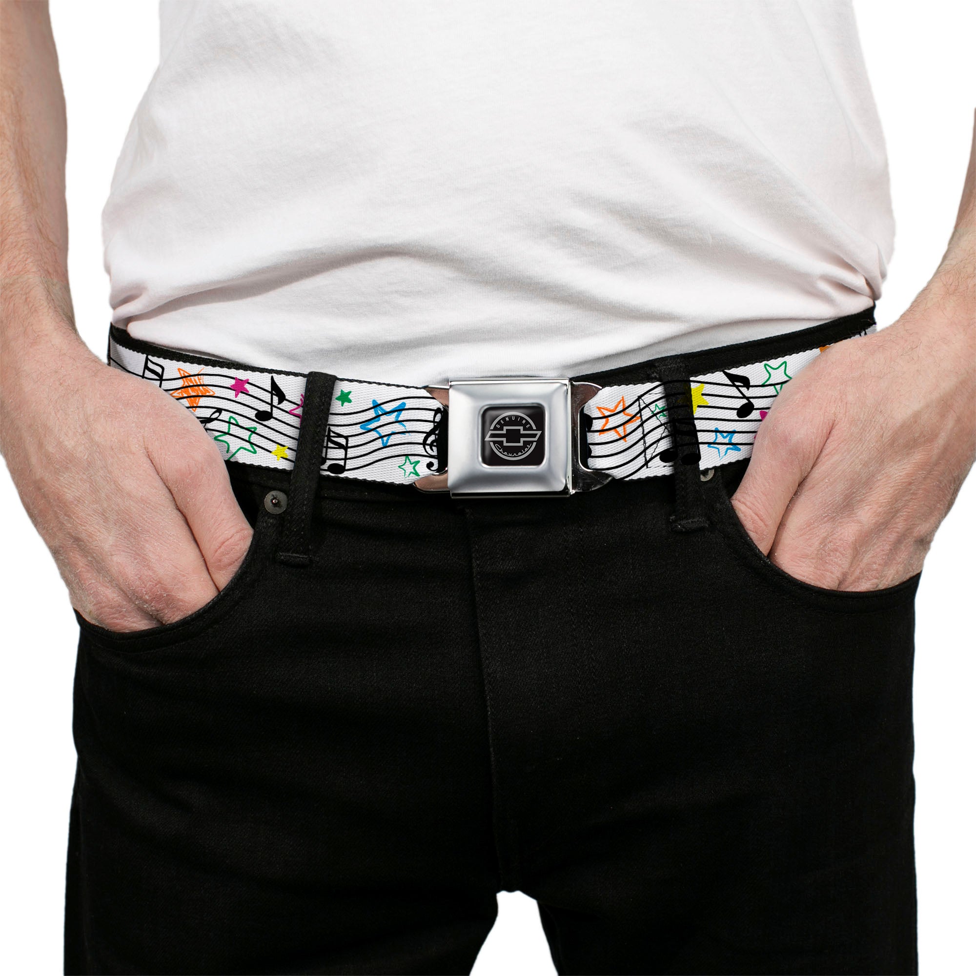 Chevy Seatbelt Belt - Music Notes Stars White/Black/Multi Color Webbing Seatbelt Belts GM General Motors