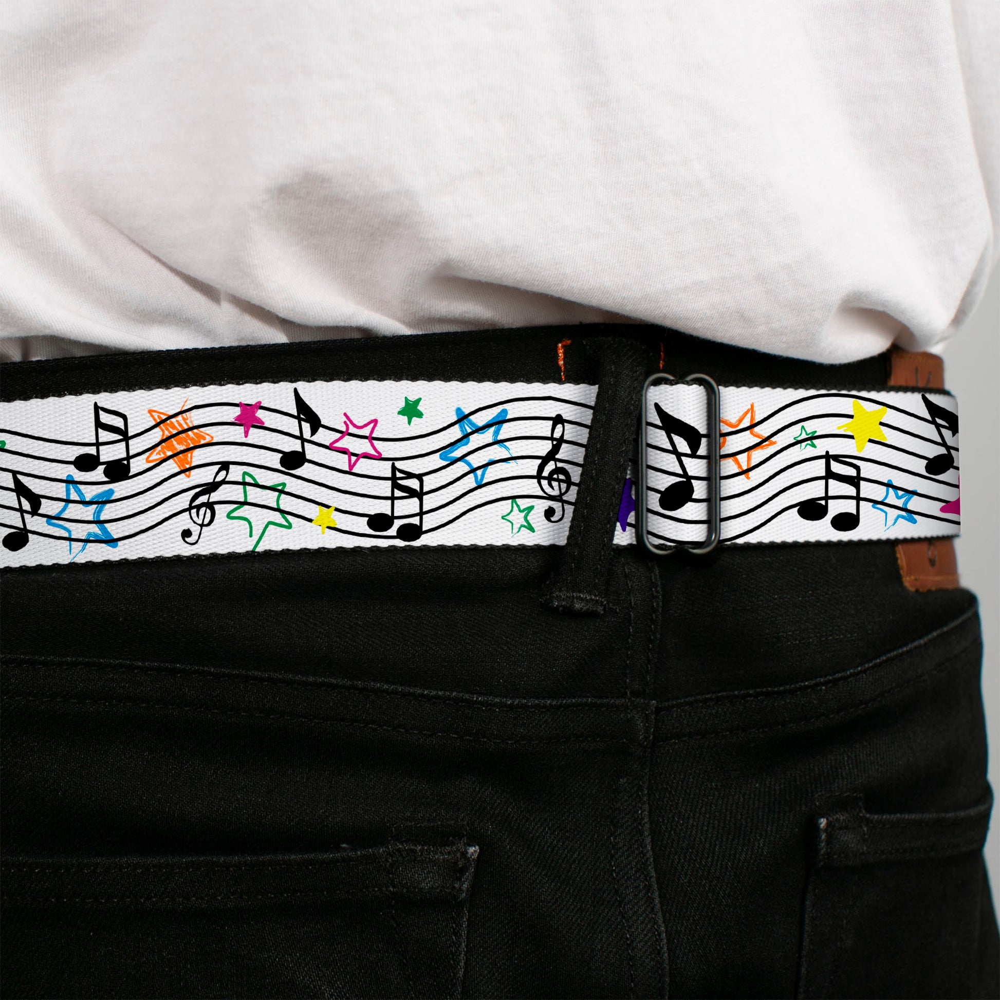 Chevy Seatbelt Belt - Music Notes Stars White/Black/Multi Color Webbing Seatbelt Belts GM General Motors