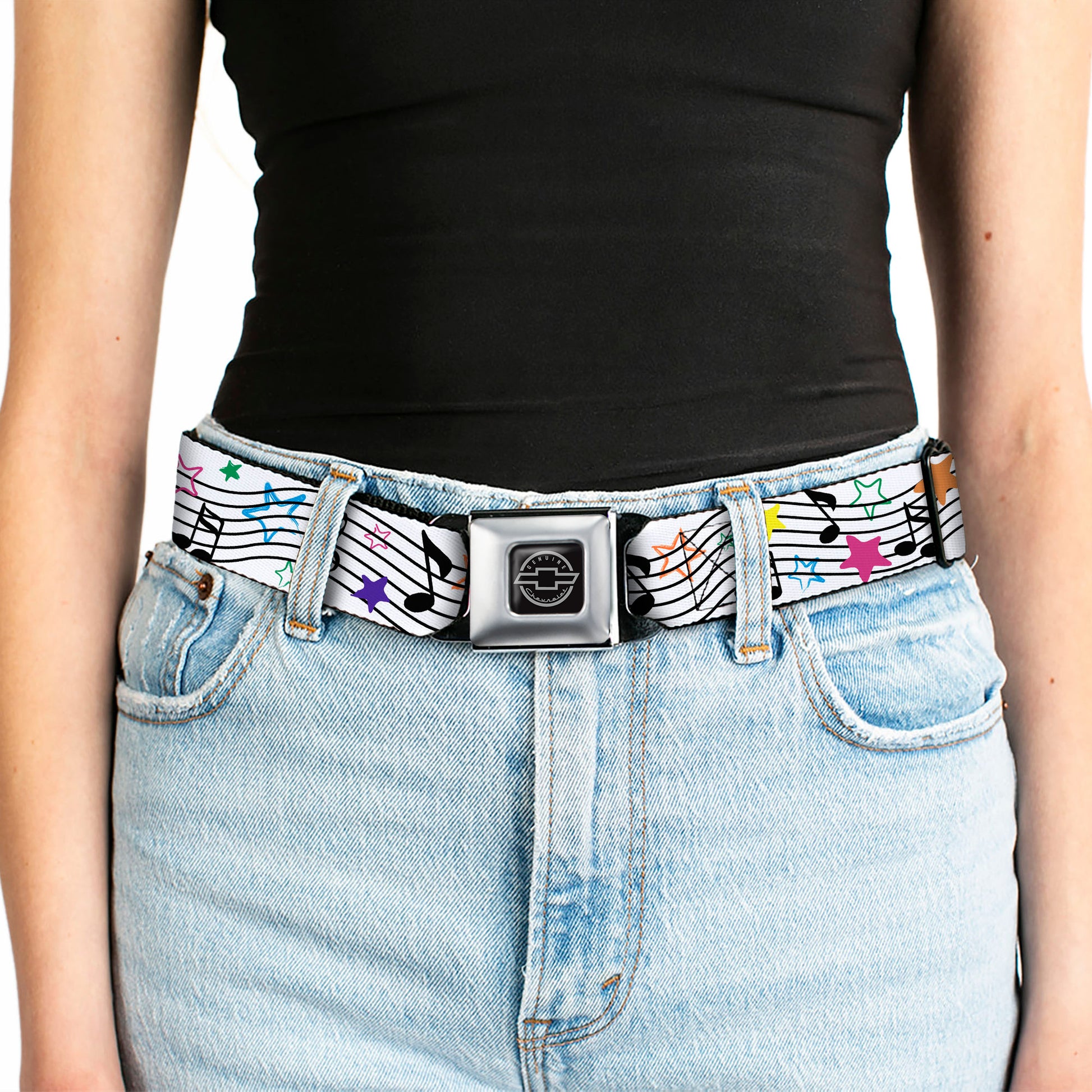 Chevy Seatbelt Belt - Music Notes Stars White/Black/Multi Color Webbing Seatbelt Belts GM General Motors