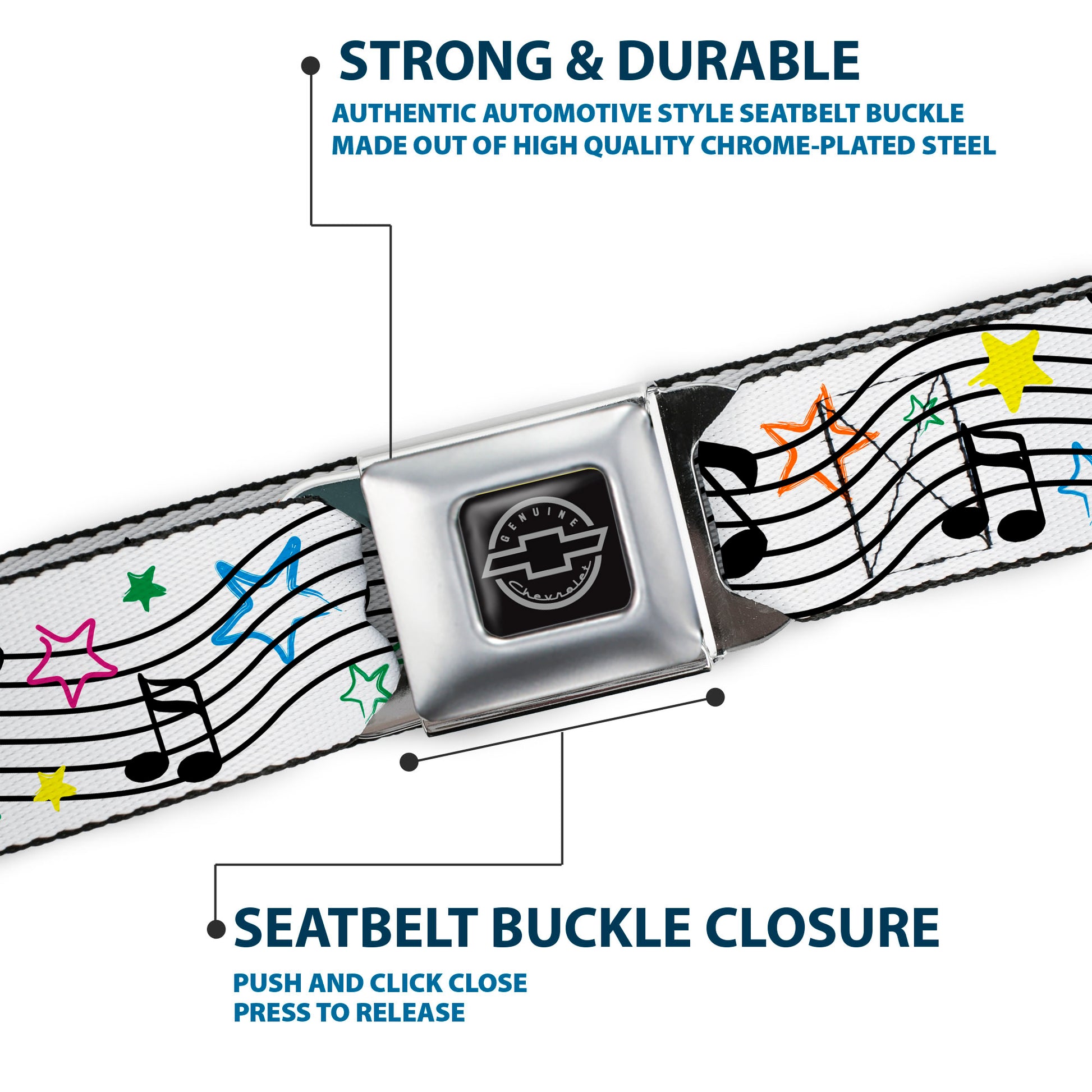Chevy Seatbelt Belt - Music Notes Stars White/Black/Multi Color Webbing Seatbelt Belts GM General Motors