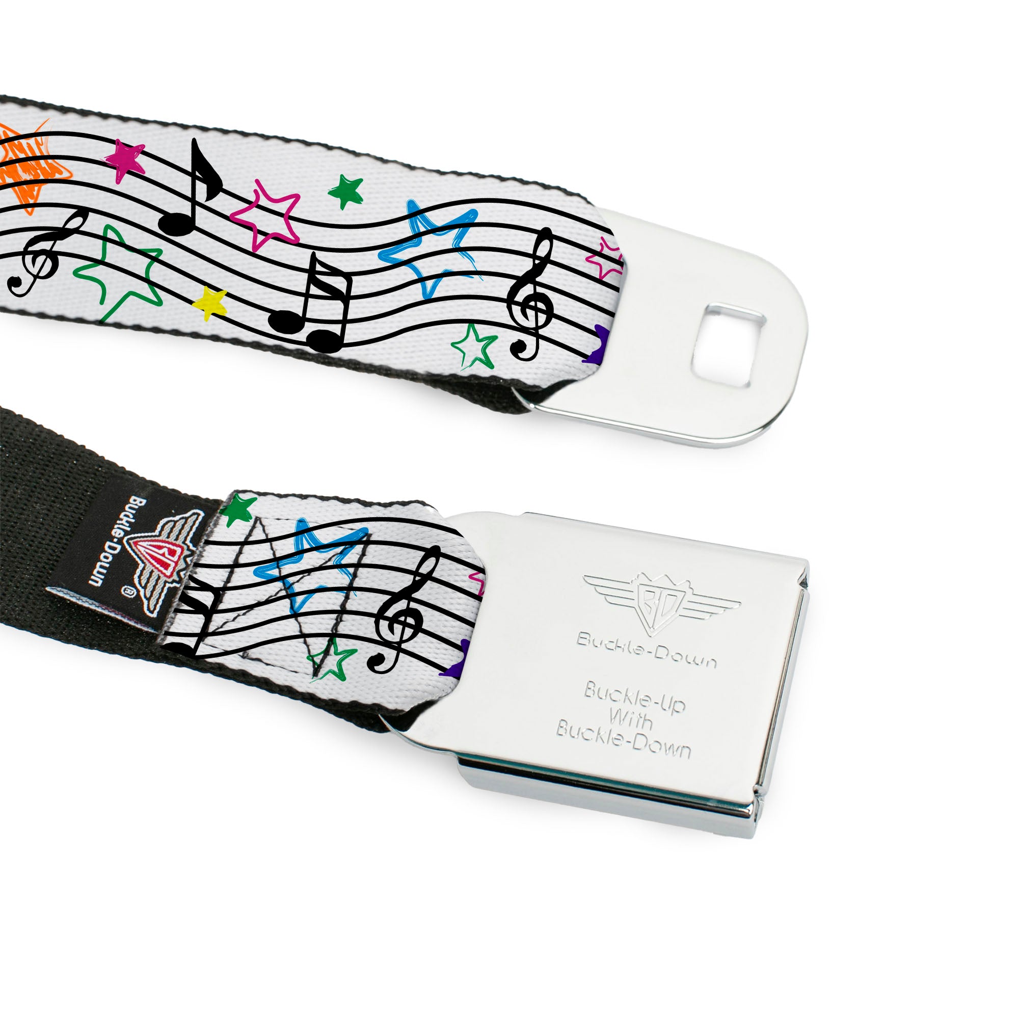 Chevy Seatbelt Belt - Music Notes Stars White/Black/Multi Color Webbing Seatbelt Belts GM General Motors