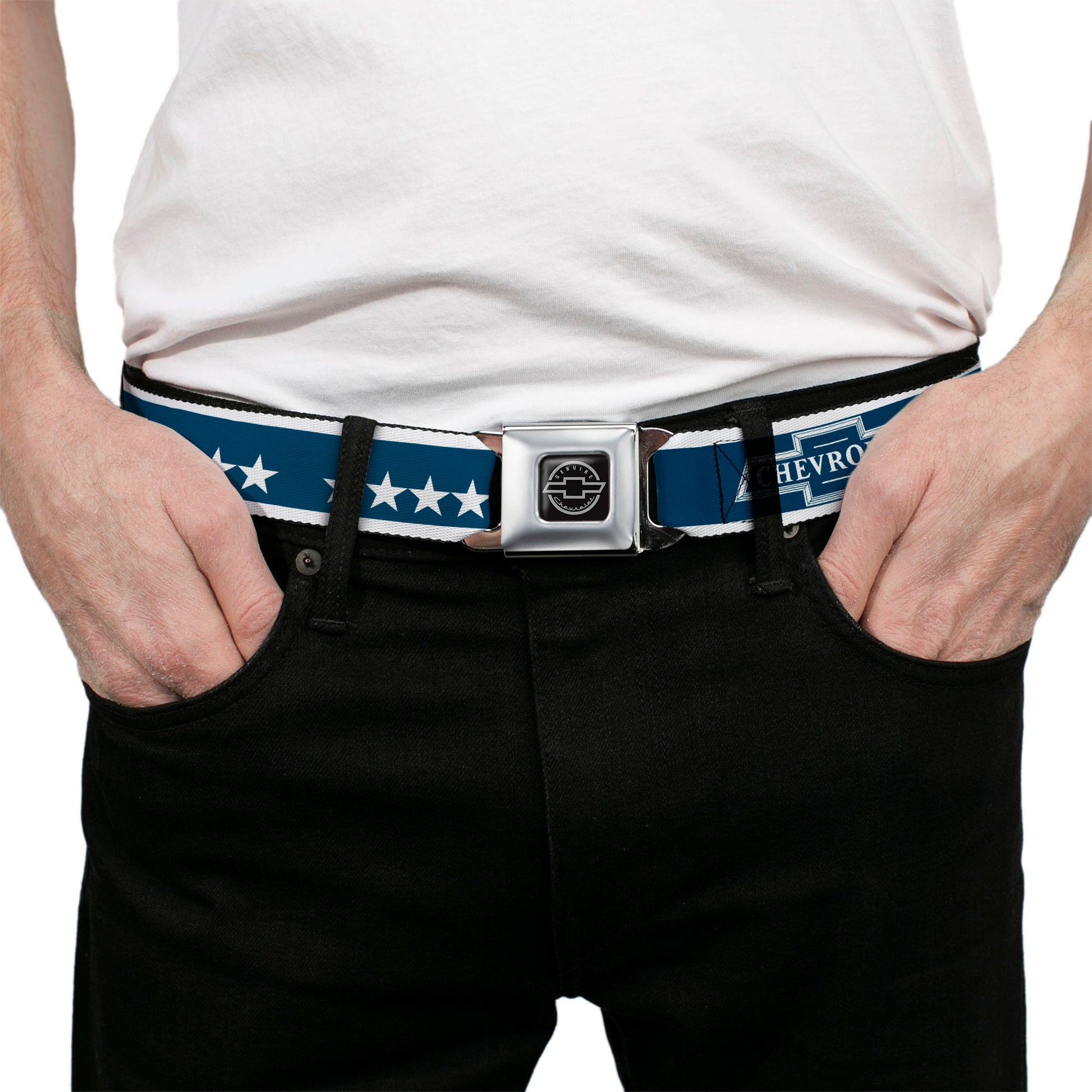 Chevy Seatbelt Belt - CHEVROLET Bowtie/Stars Blue/White Webbing Seatbelt Belts GM General Motors