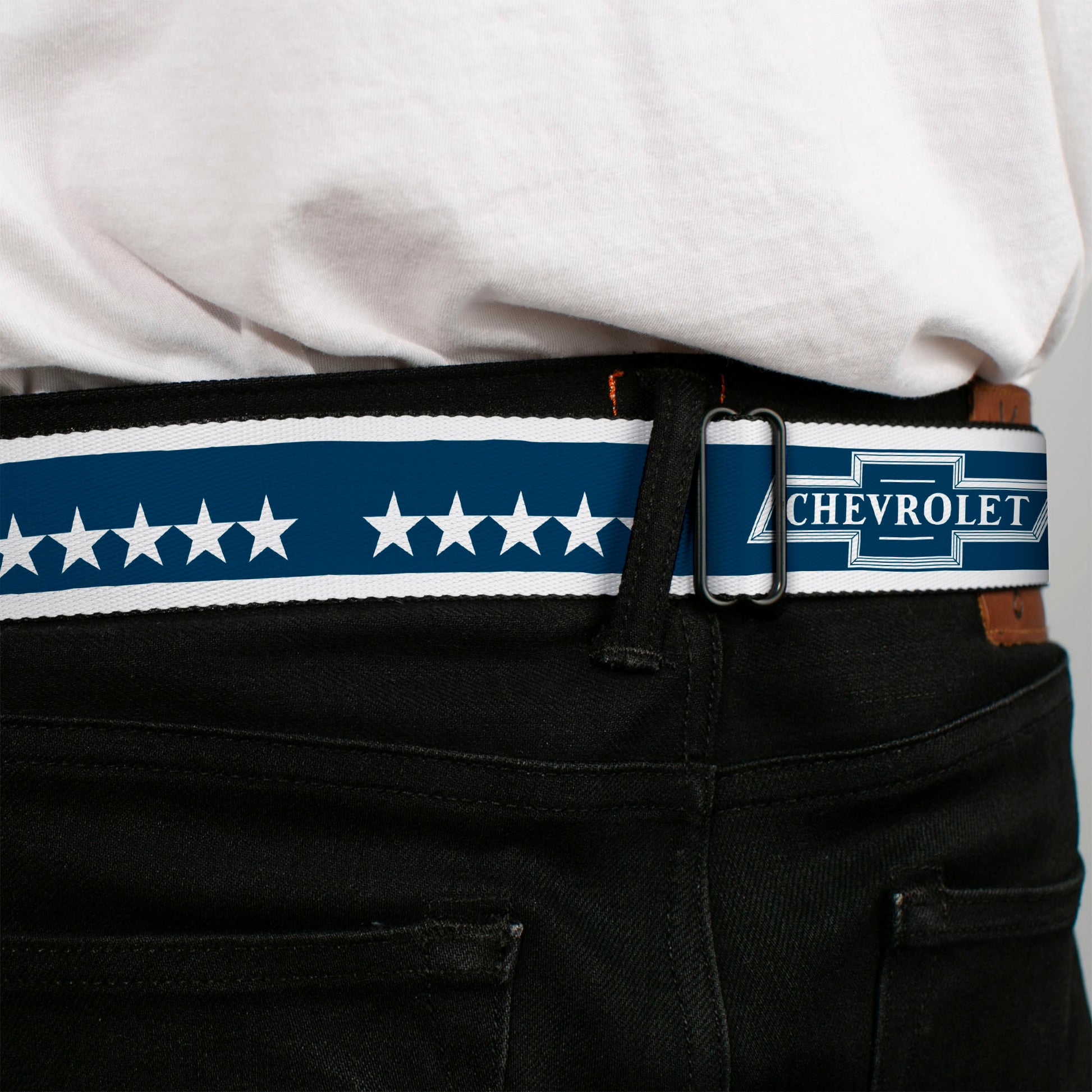 Chevy Seatbelt Belt - CHEVROLET Bowtie/Stars Blue/White Webbing Seatbelt Belts GM General Motors