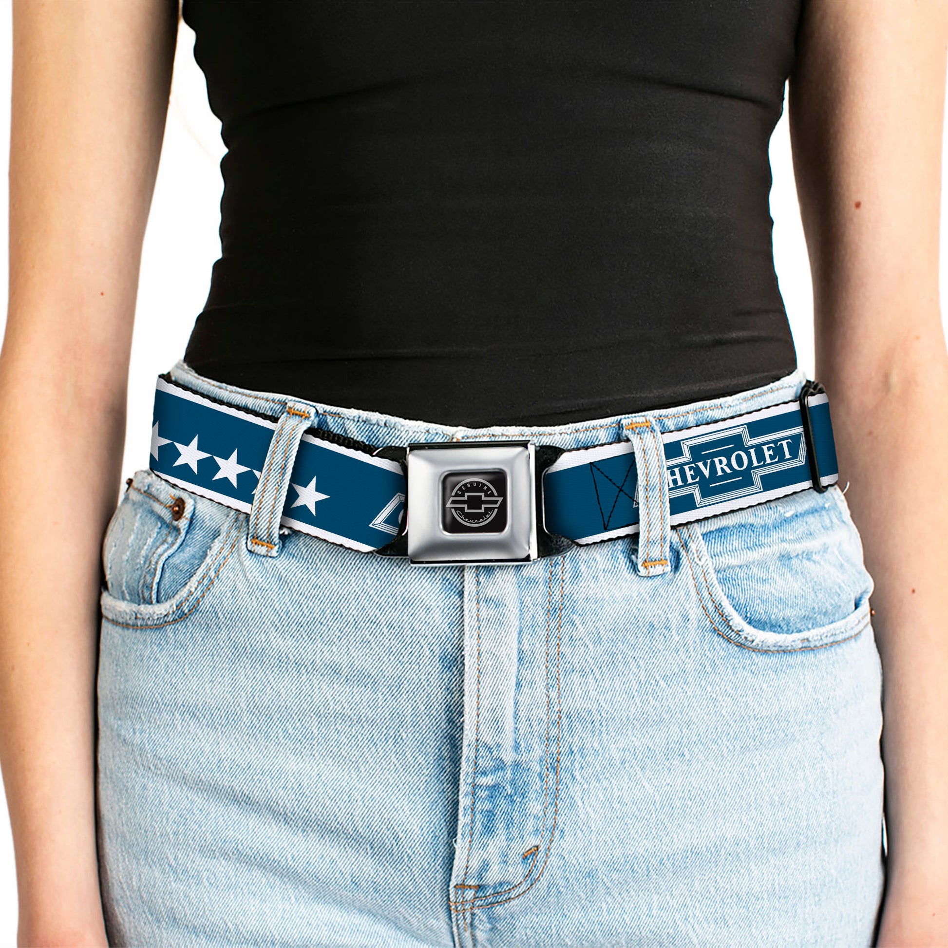 Chevy Seatbelt Belt - CHEVROLET Bowtie/Stars Blue/White Webbing Seatbelt Belts GM General Motors