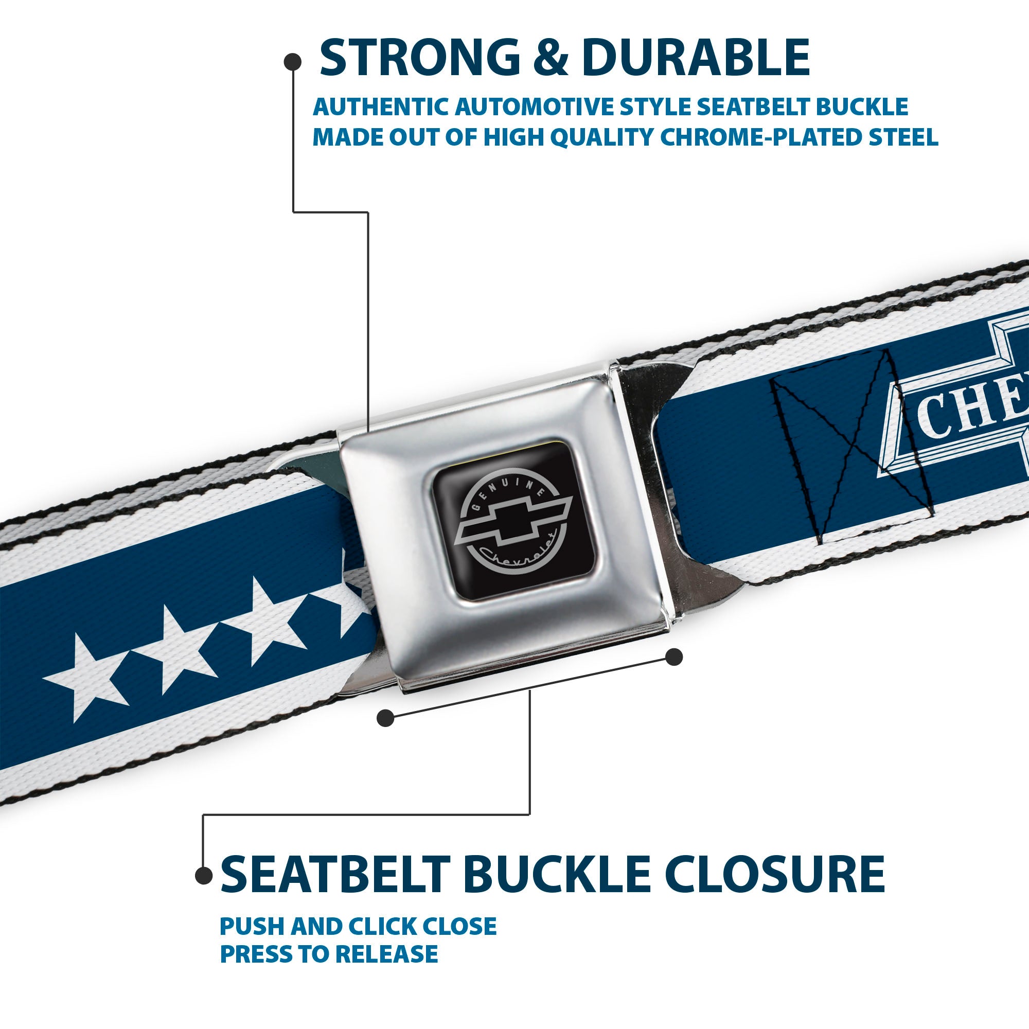 Chevy Seatbelt Belt - CHEVROLET Bowtie/Stars Blue/White Webbing Seatbelt Belts GM General Motors