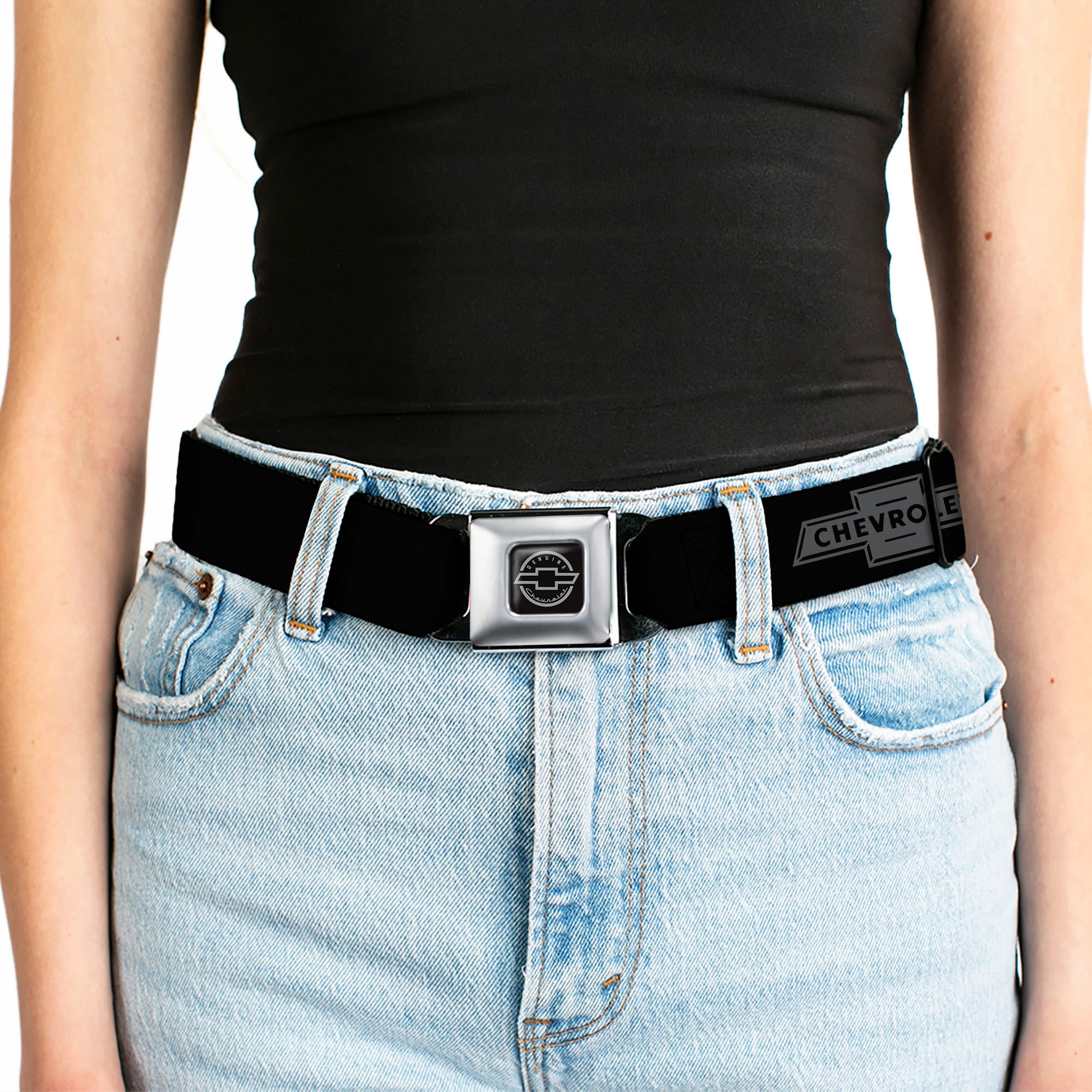 Chevy Seatbelt Belt - Vintage CHEVROLET Bowtie Black/Charcoal (1934 logo) Webbing Seatbelt Belts GM General Motors