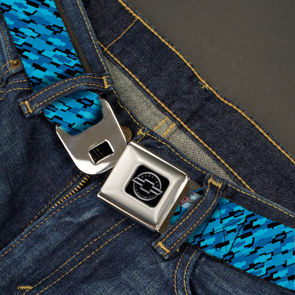 Chevy Seatbelt Belt - Diagonal Retro Chevy Bowtie Stacked Black/Blues Webbing Seatbelt Belts GM General Motors